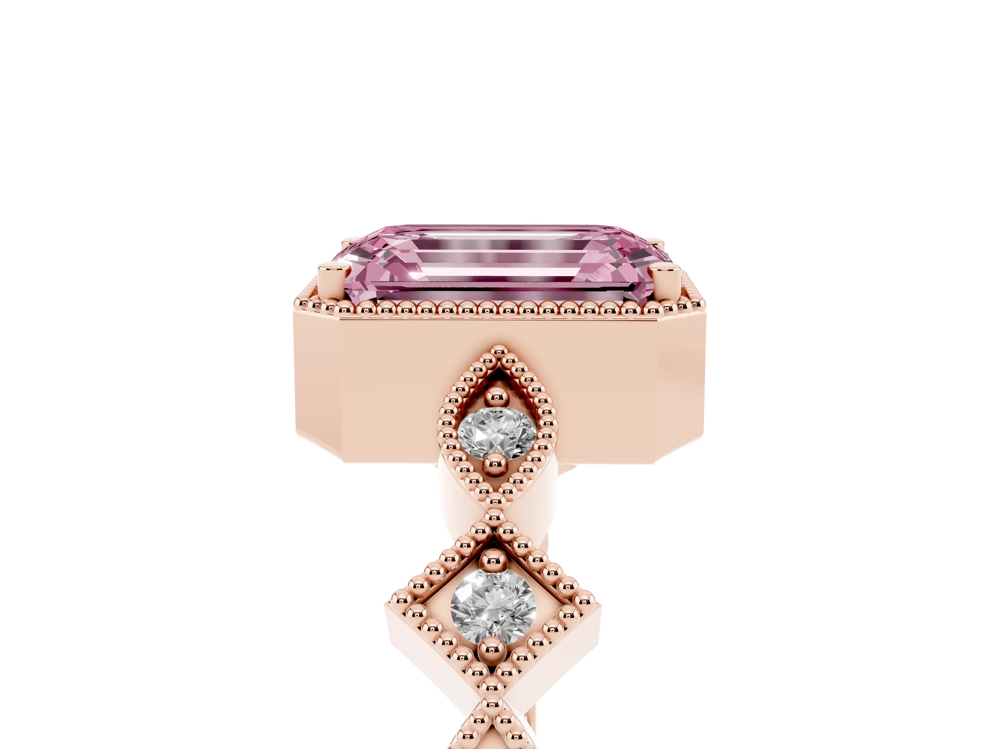 Fancy Pink Emerald Cut Diamond Milgrain Marquise Twist Band Ring Set in Rose gold with Prong Setting