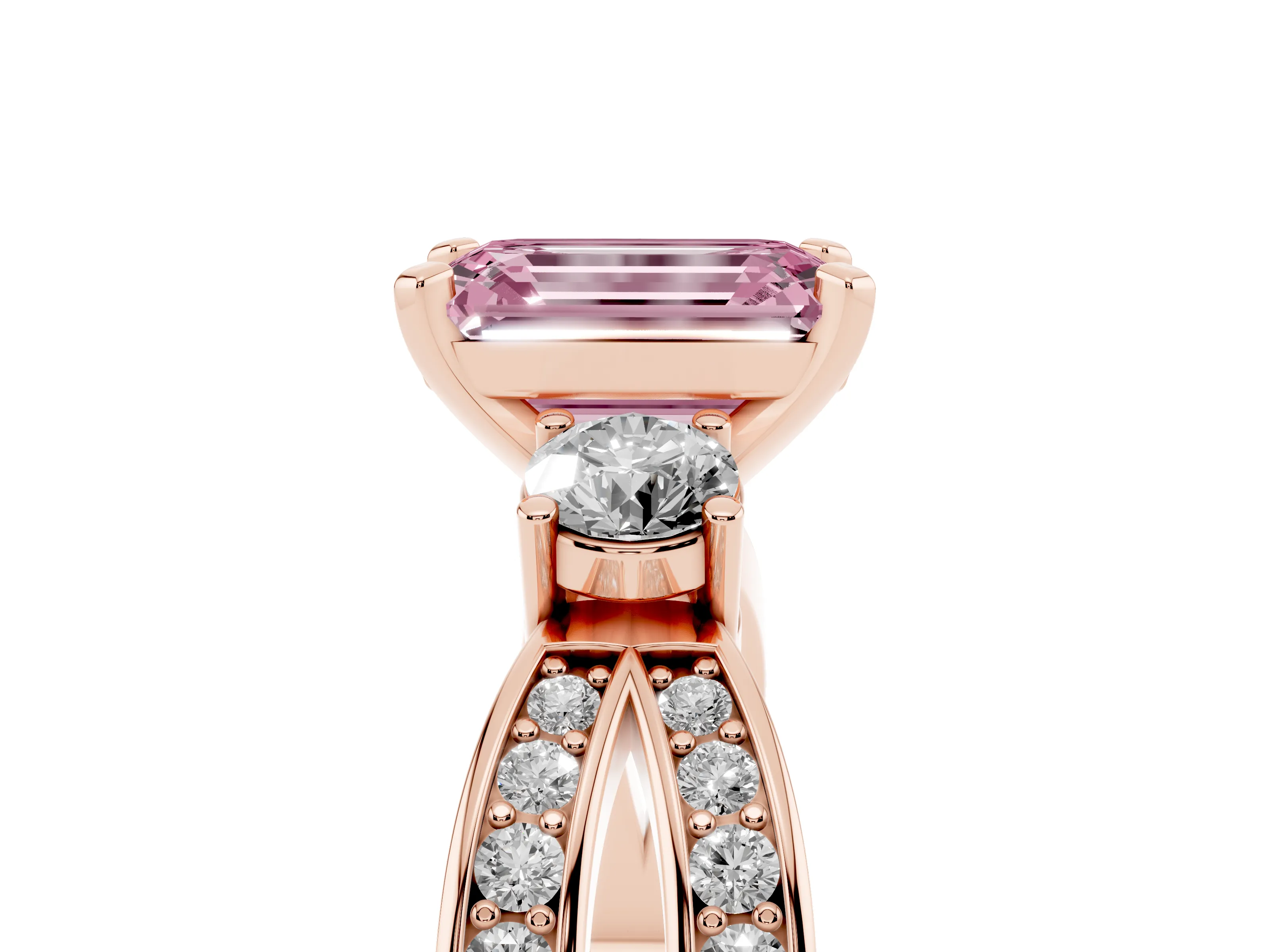 Fancy Pink Three-Stone Emerald Cut Diamond Twist Band Ring Set in Rose gold with Pavé Accents and Prong Setting