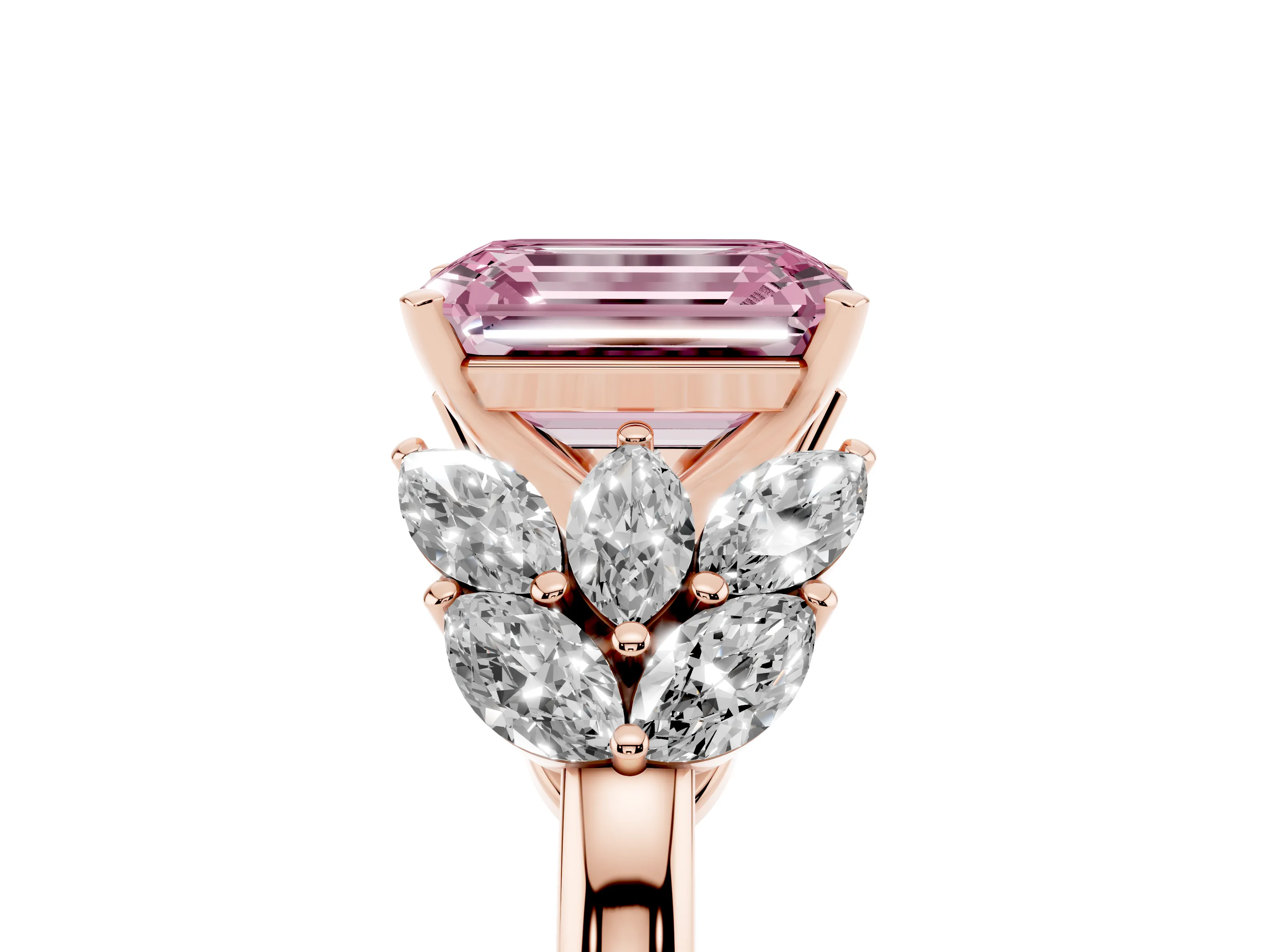 Fancy Pink Emerald Cut Diamond Cluster Leaf Design Ring Set in Rose gold with Prong Setting