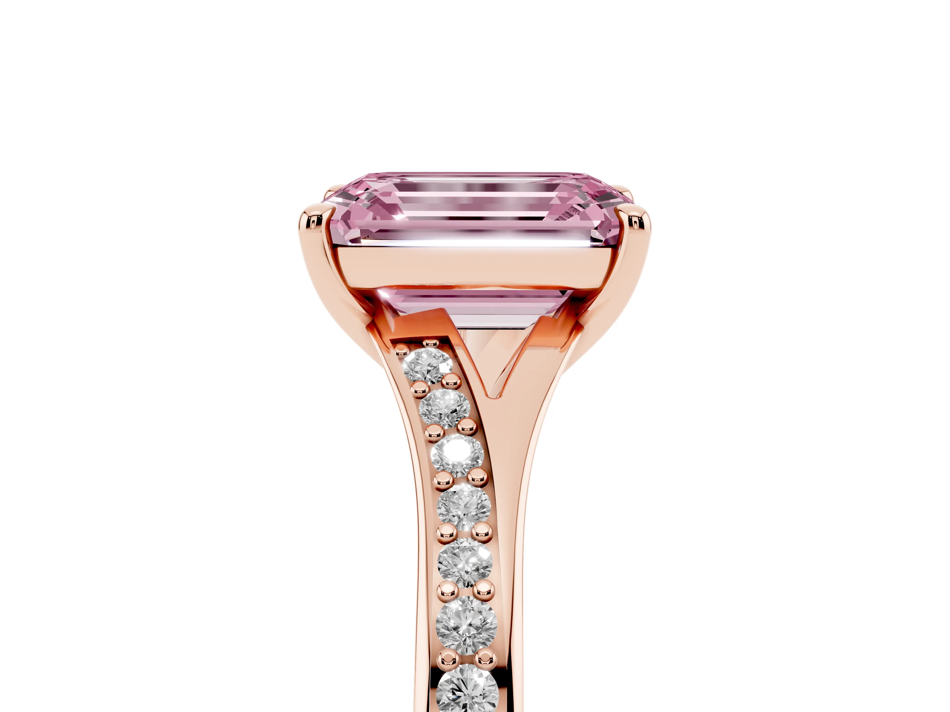 Fancy Pink Emerald Cut Diamond Solitaire Ring Set in Rose gold with Pavé Accent Band and Classic Prong Setting