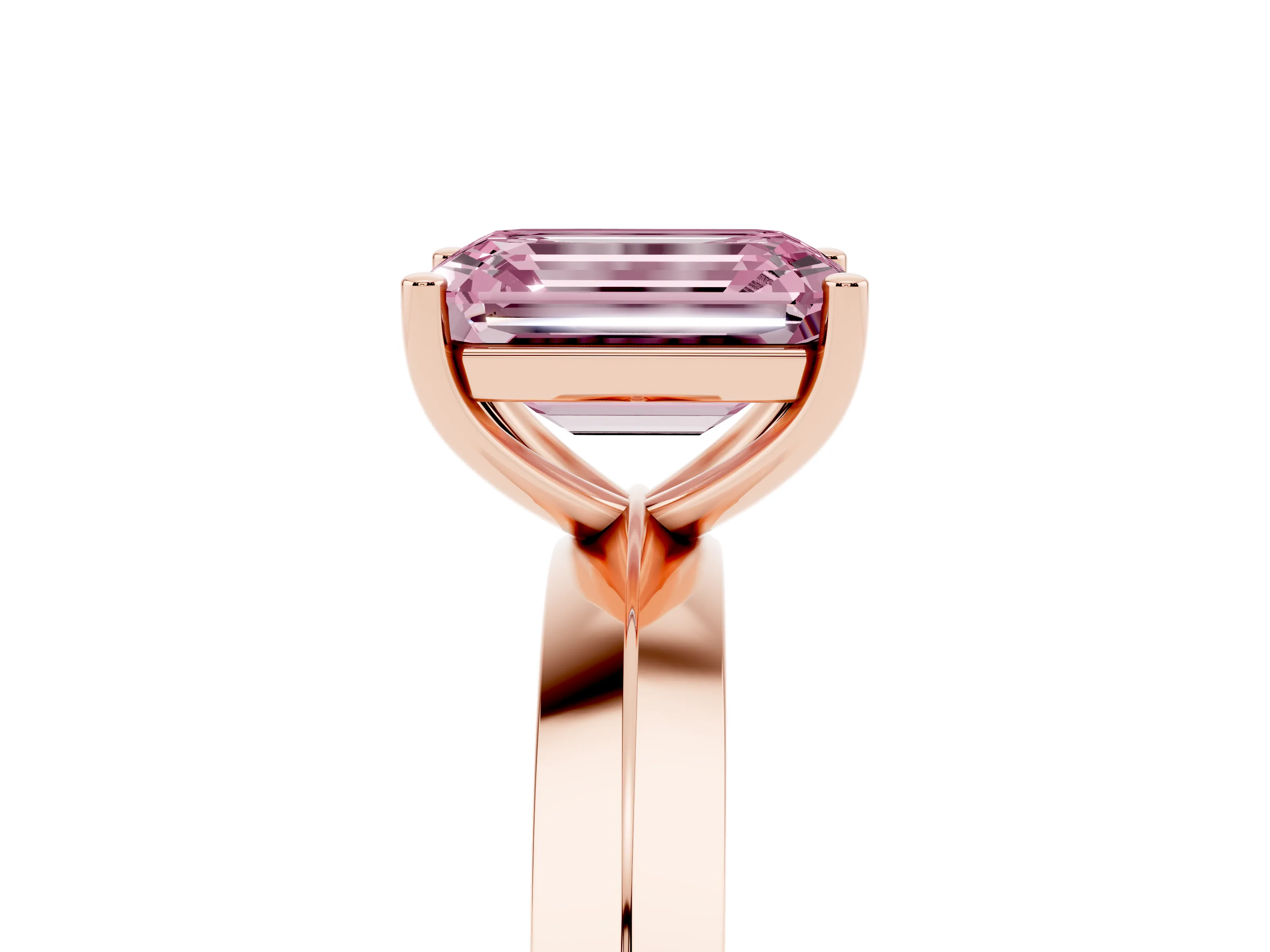 Fancy Pink Emerald Cut Diamond Solitaire Engagement Ring Set in Rose gold with Flat Band and Prong Setting