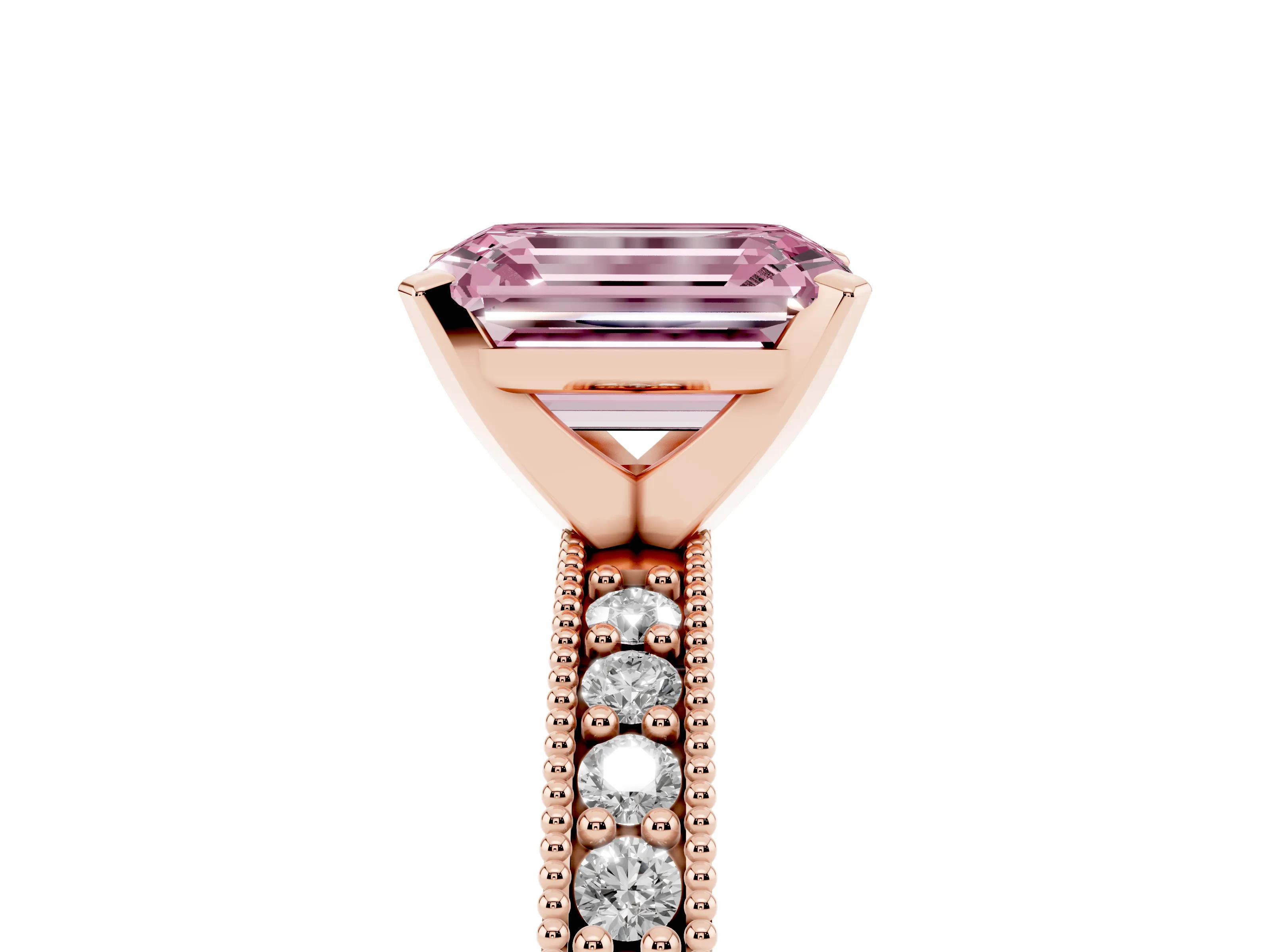 Fancy Pink Emerald Cut Diamond Milgrain Pavé Engagement Ring Set in Rose gold with Prong Setting