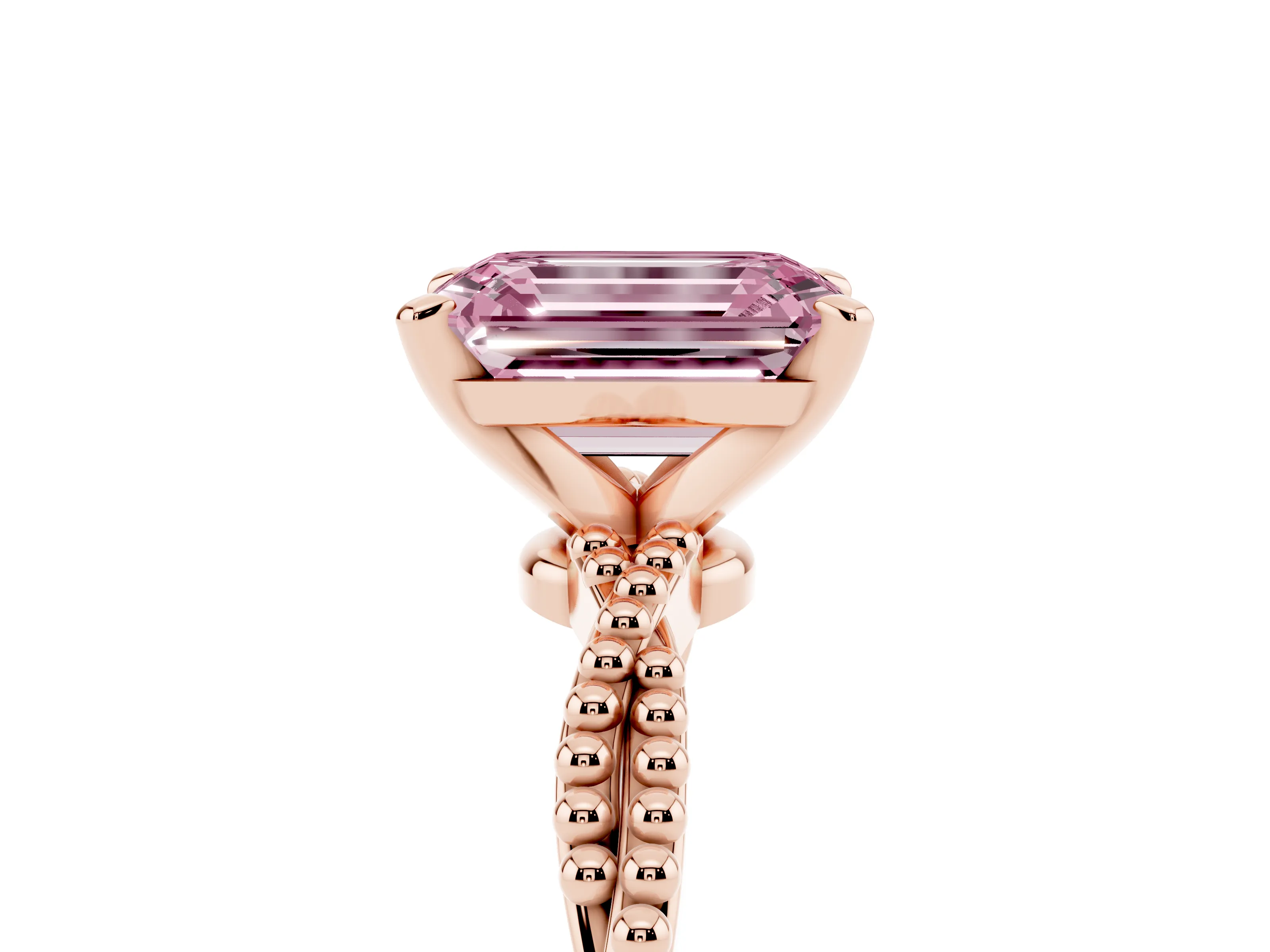 Fancy Pink Emerald Cut Diamond Solitaire Ring Set in Rose gold with Twisted Band and Bead Prong Setting