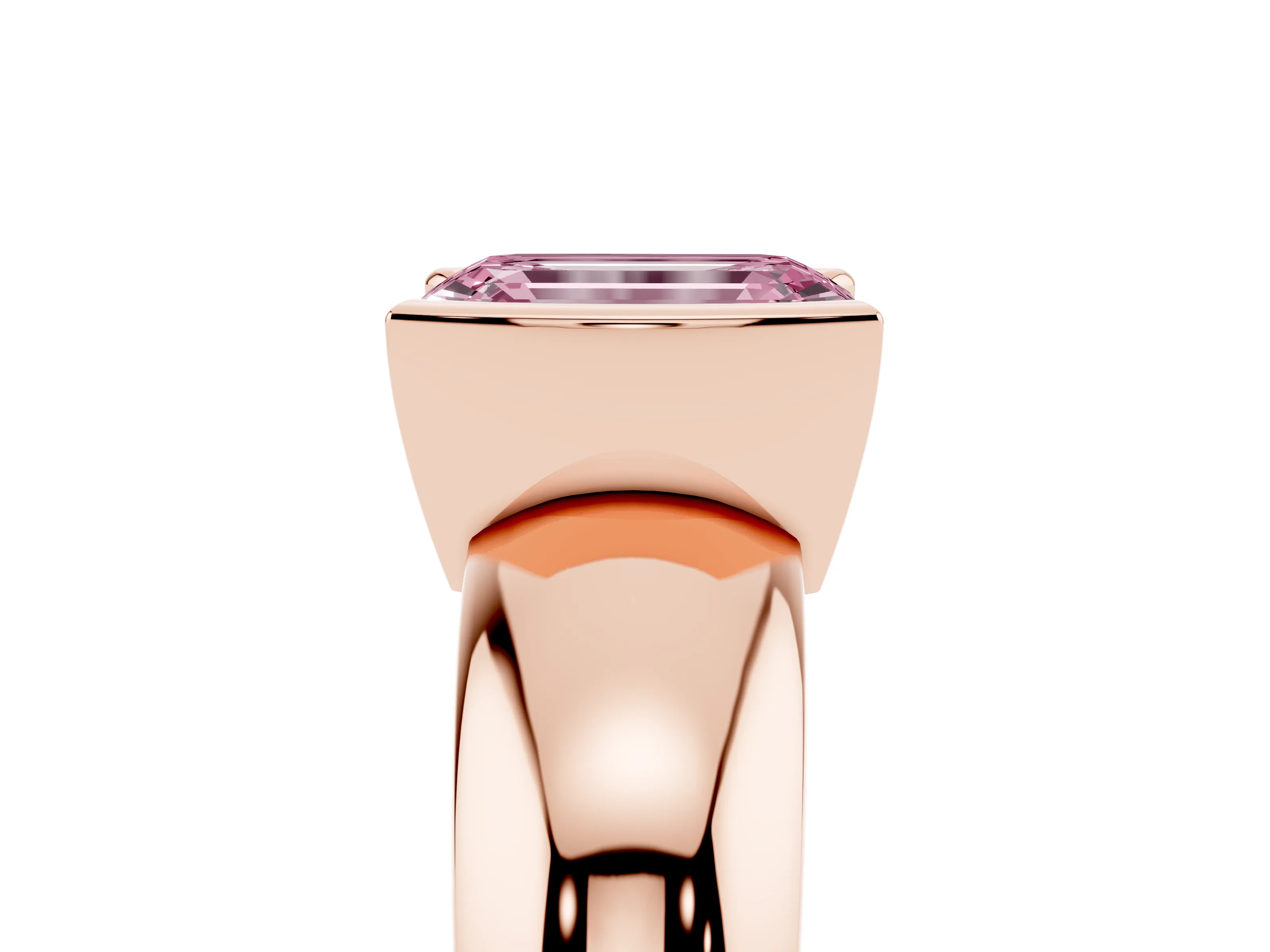 Fancy Pink Emerald Cut Diamond Solitaire Tension Set Ring Set in Rose gold with Wide Band