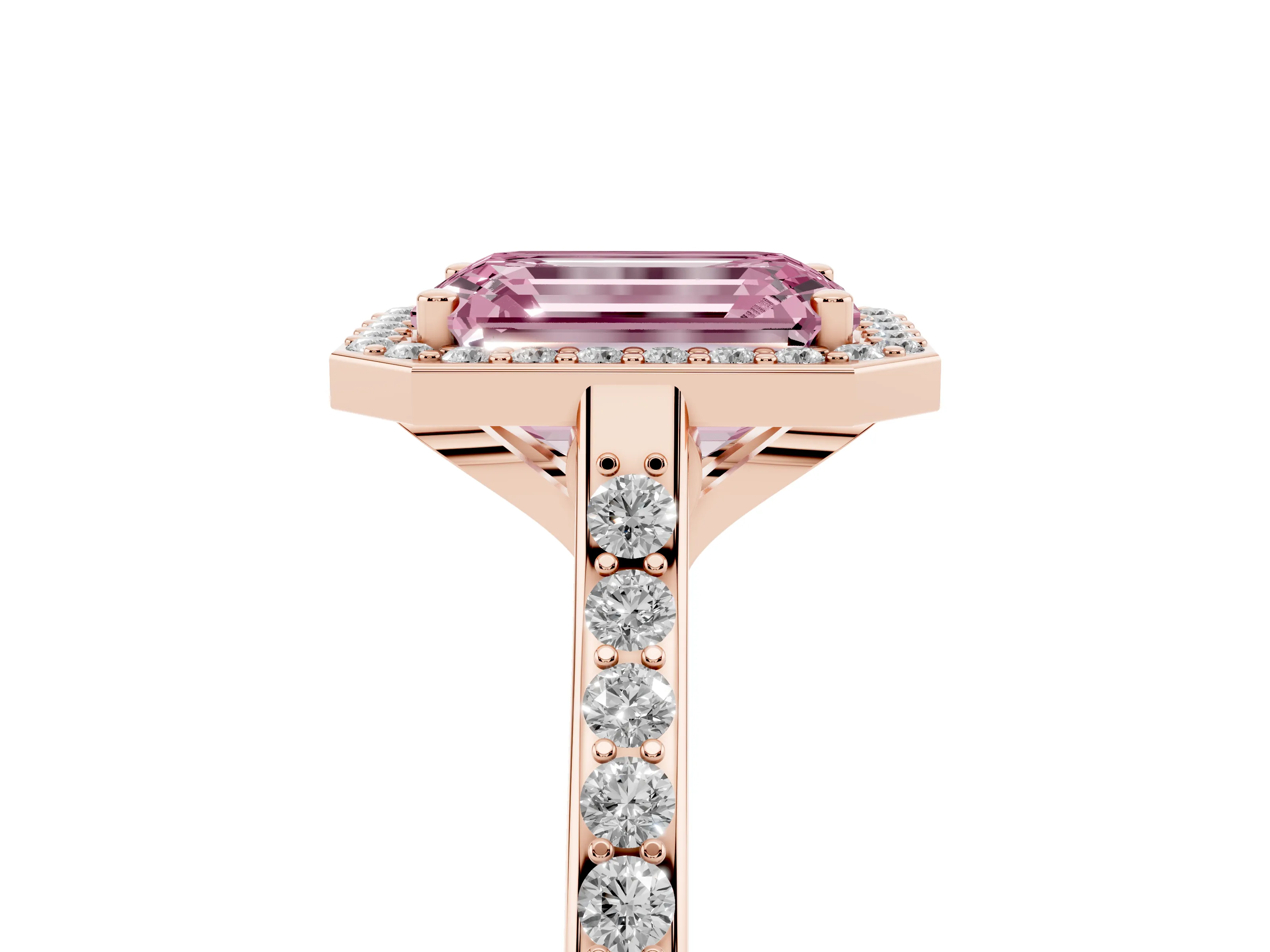 Fancy Pink Emerald Cut Diamond Halo Engagement Ring Set in Rose gold with Round Pavé Shoulders and Heart Gallery