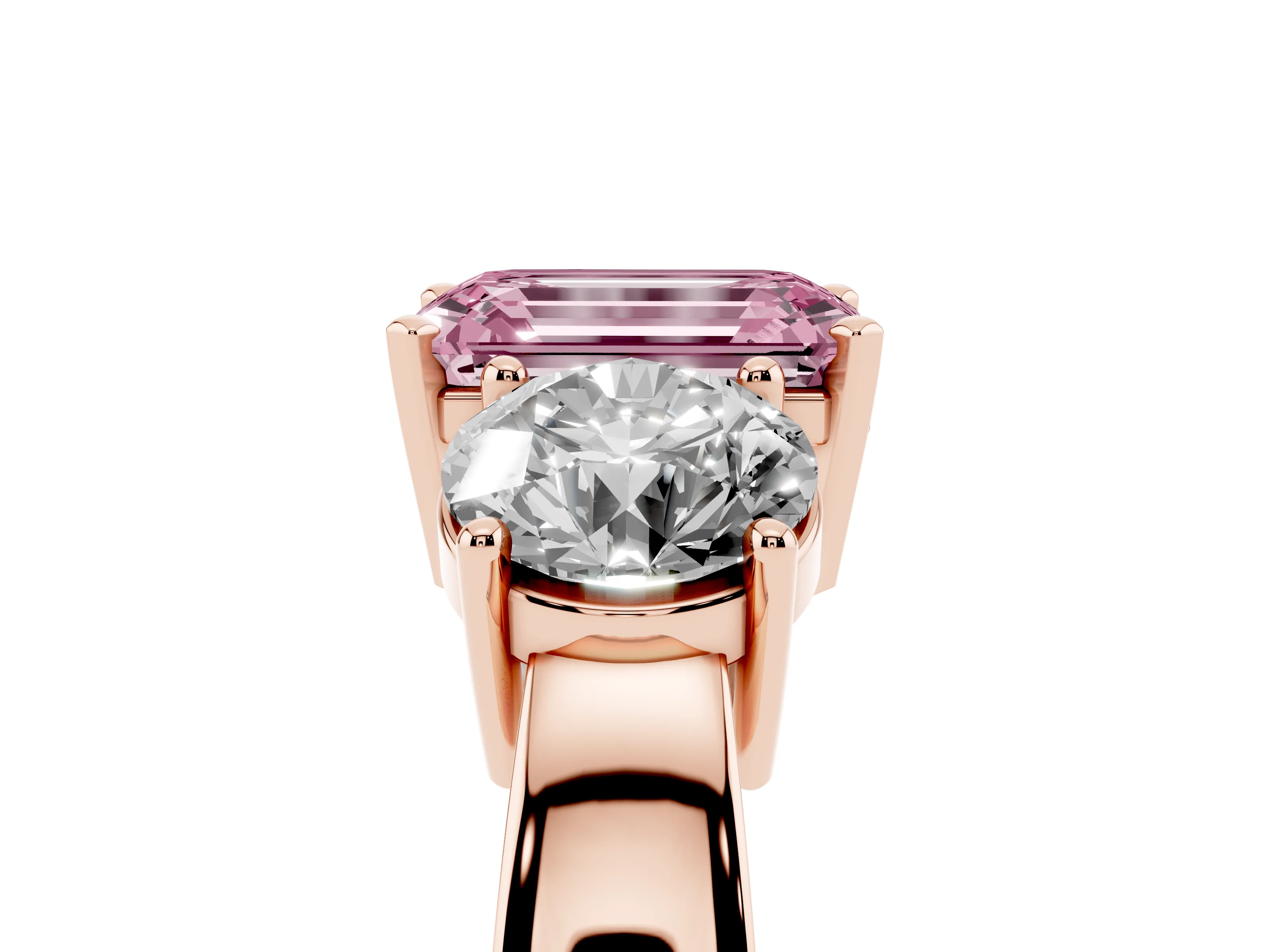 Fancy Pink Emerald Cut Diamond Three-Stone Ring Set in Rose gold with Round Side Stones and Classic Band