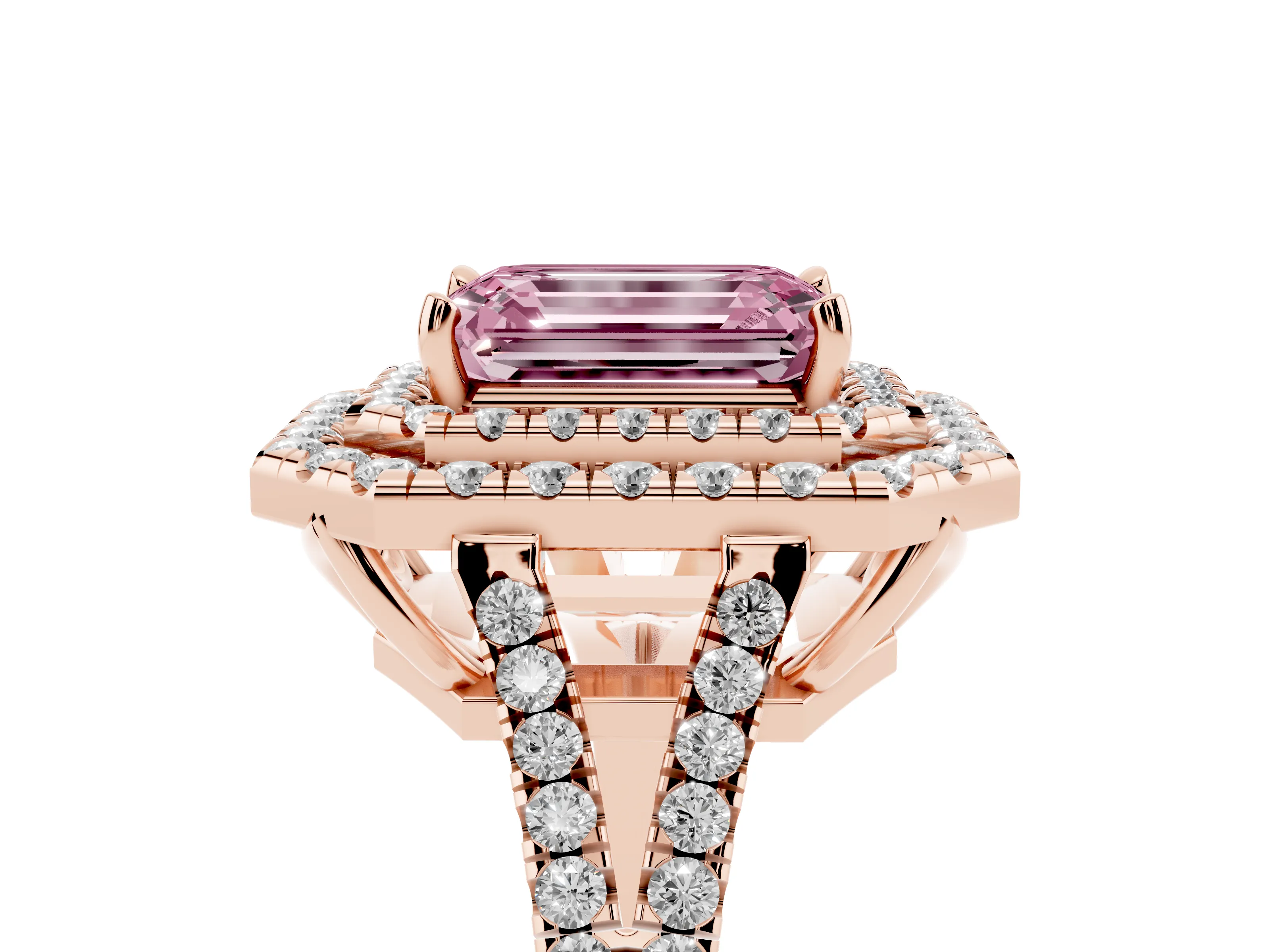 Fancy Pink Emerald Cut Diamond Double Halo Ring Set in Rose gold with Pavé Band