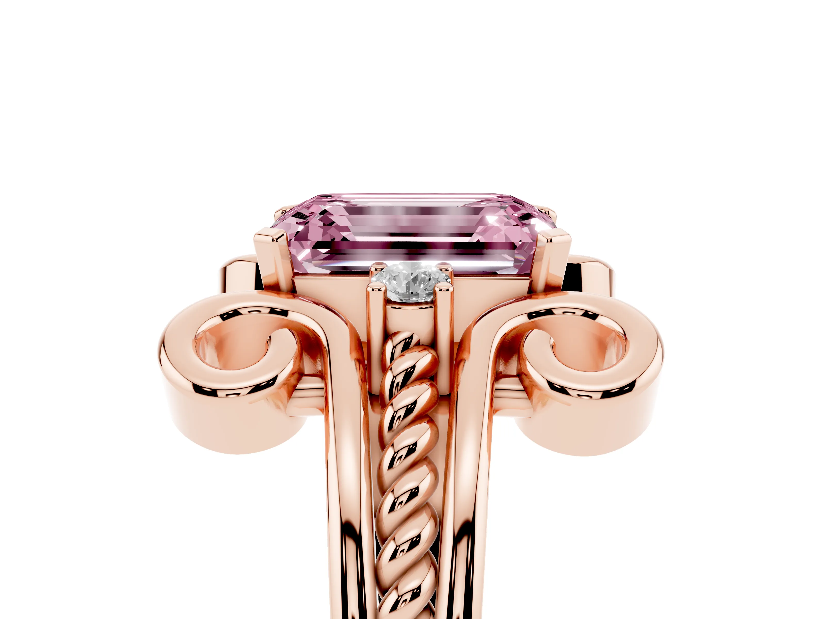 Fancy Pink Emerald Cut Diamond Twisted Band Solitaire Ring Set in Rose gold with Scroll Prongs