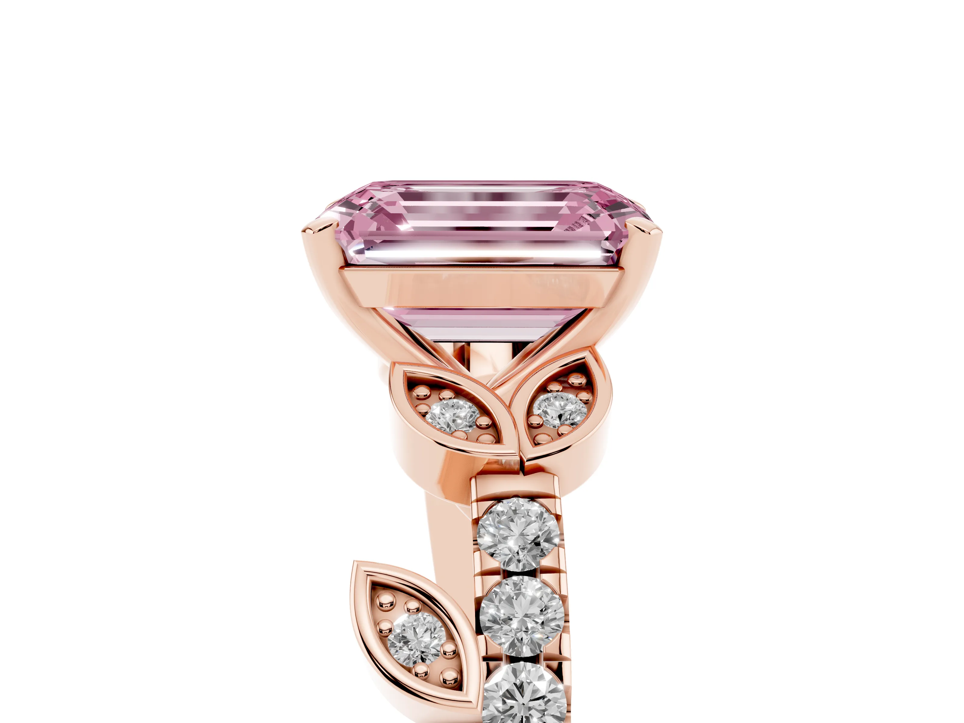 Fancy Pink Emerald Cut Diamond Solitaire Leaf-Inspired Ring Set in Rose gold with Pavé Band and Prong Setting