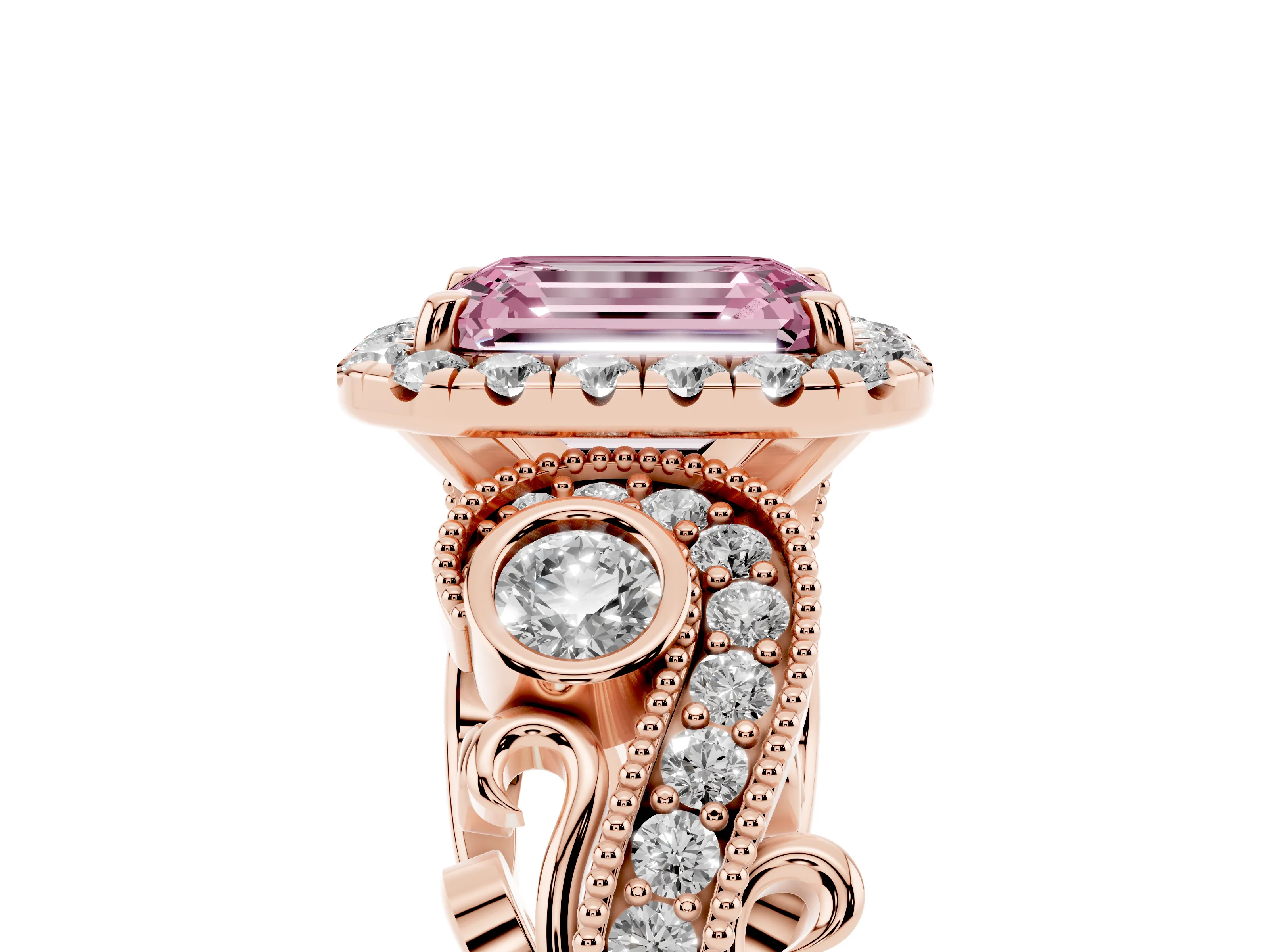 Fancy Pink Emerald Cut Diamond Halo Ring Set in Rose gold with Milgrain Pavé Band and Prong Setting