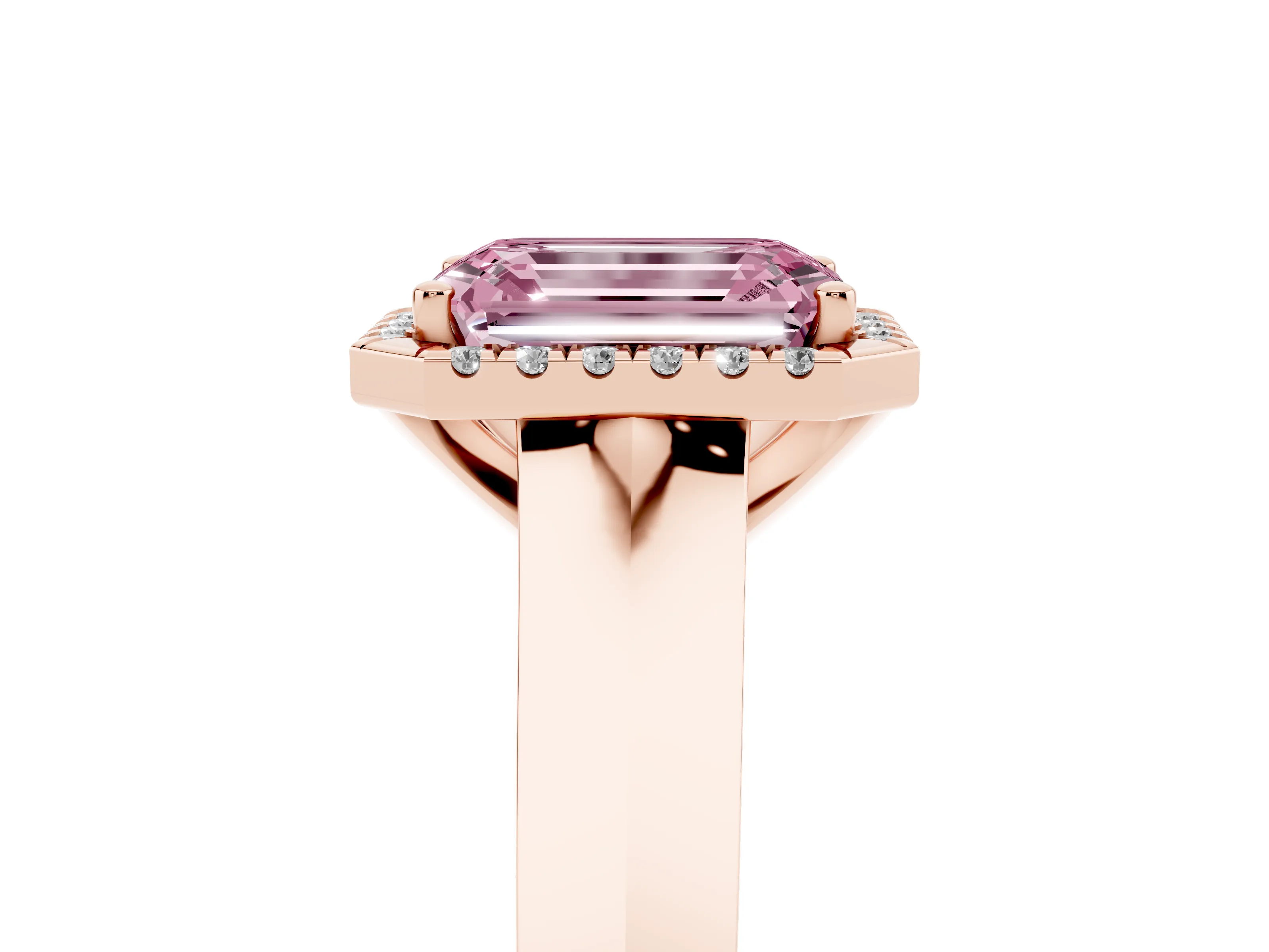 Fancy Pink Emerald Cut Diamond Halo Ring Set in Rose gold with Cathedral Band and Prong Setting