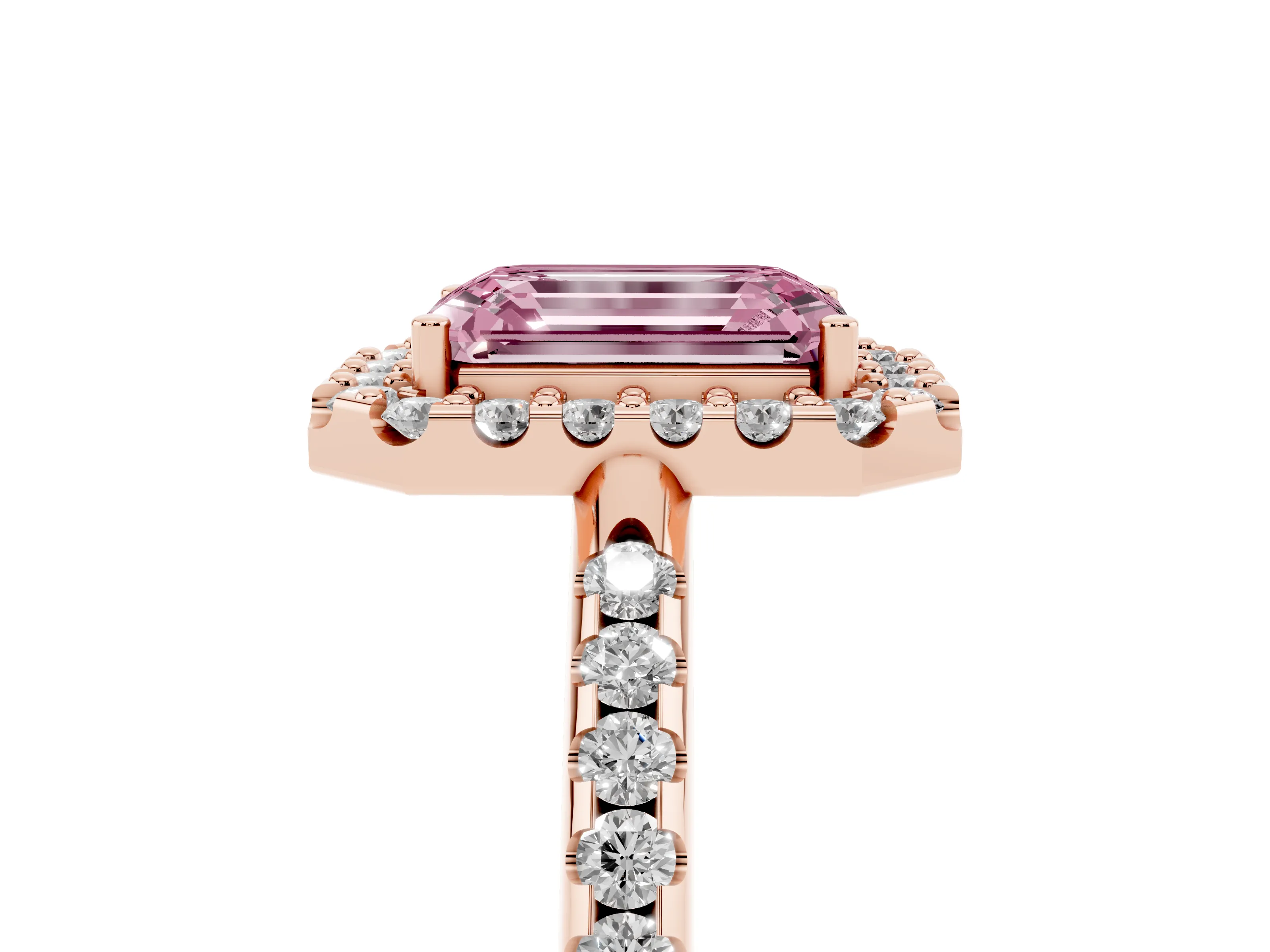 Fancy Pink Emerald Cut Diamond Pavé Halo Ring Set in Rose gold with Prong Setting