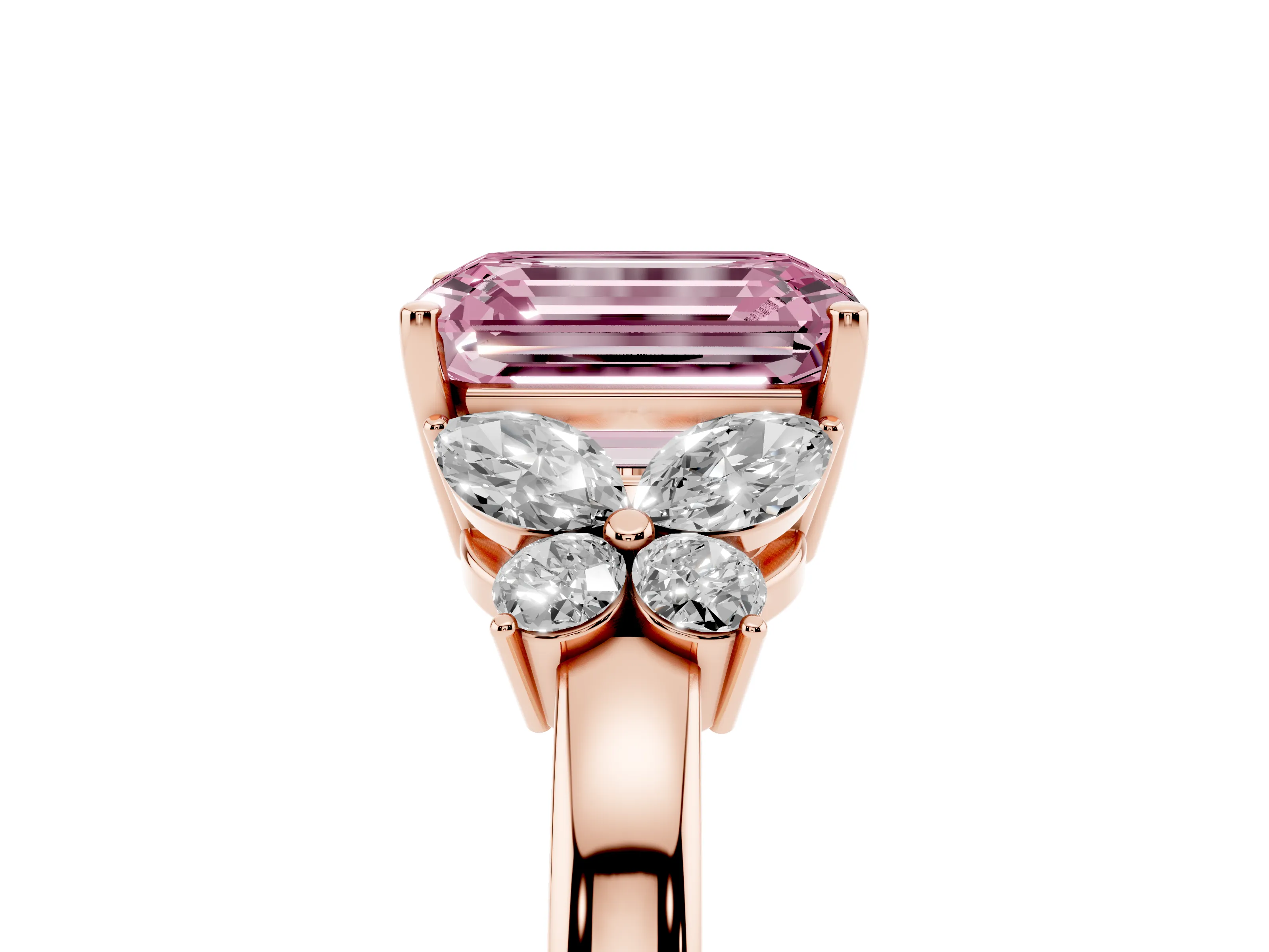 Fancy Pink Emerald Cut Diamond Solitaire Floral Ring Set in Rose gold with Marquise Petals and Prong Setting