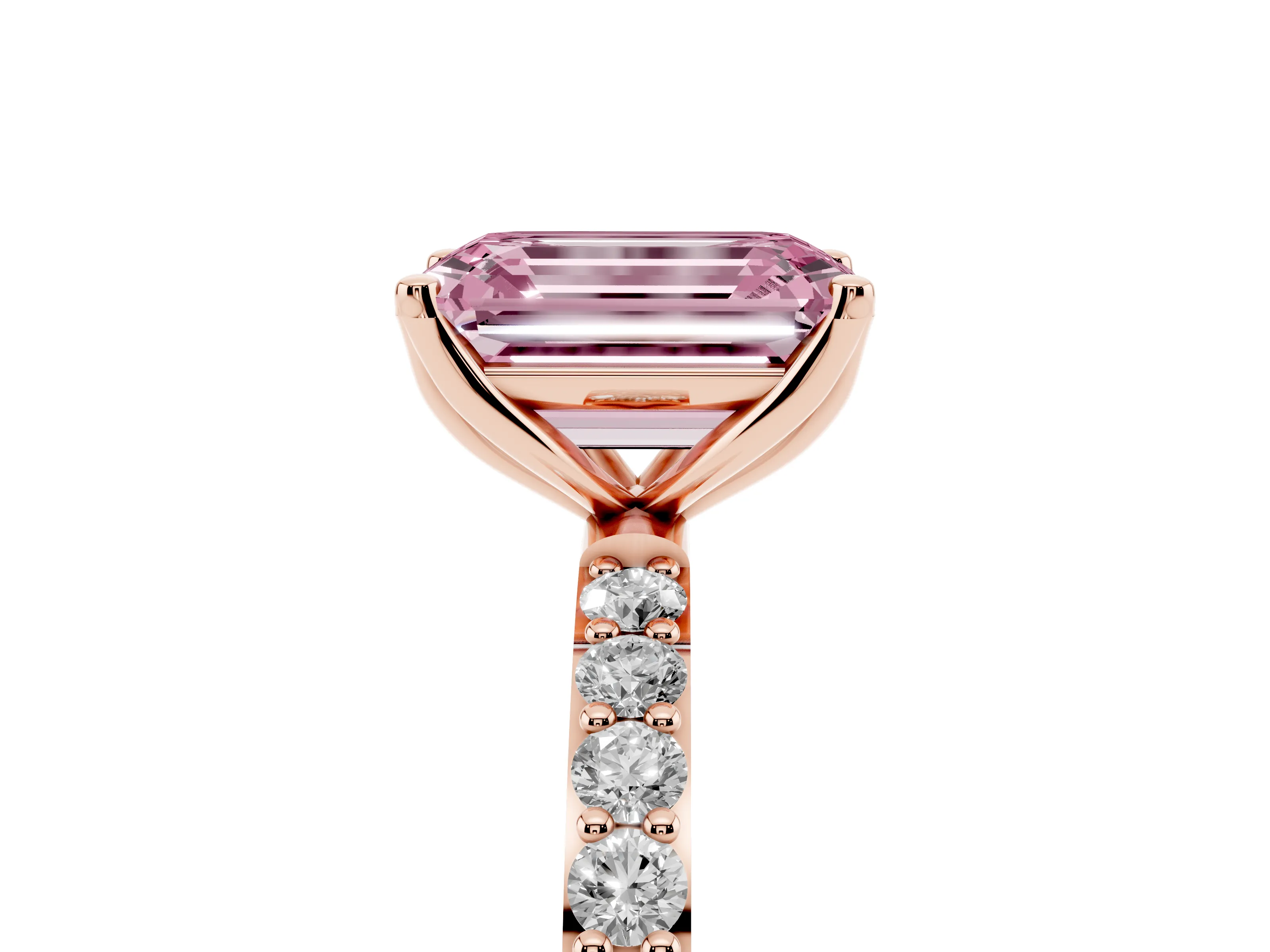Fancy Pink Emerald Cut Diamond Solitaire Engagement Ring Set in Rose gold with Round Pavé Band and Prong Setting