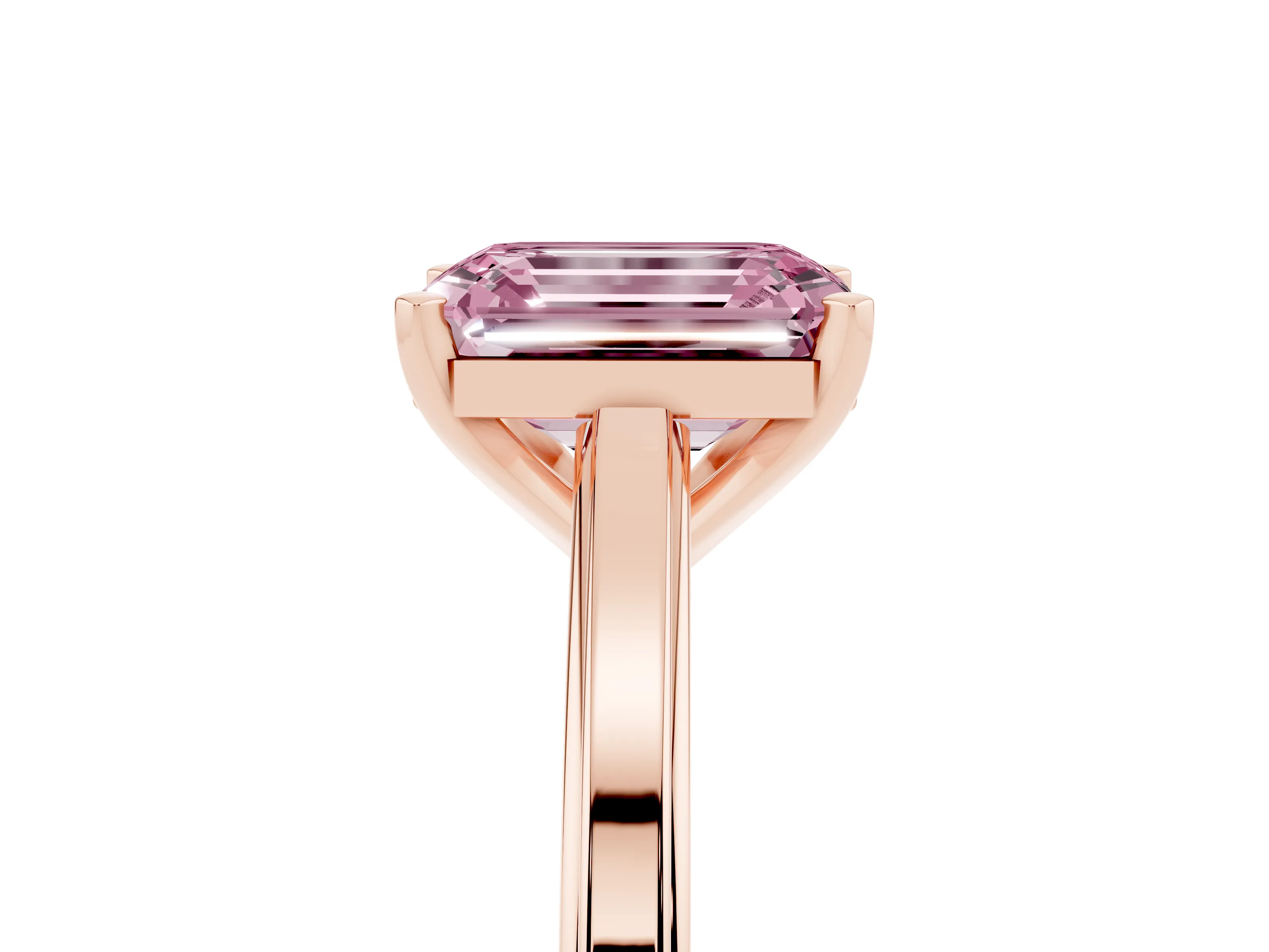 Fancy Pink Emerald Cut Diamond Solitaire Ring Set in Rose gold with Prong Setting and Classic Band