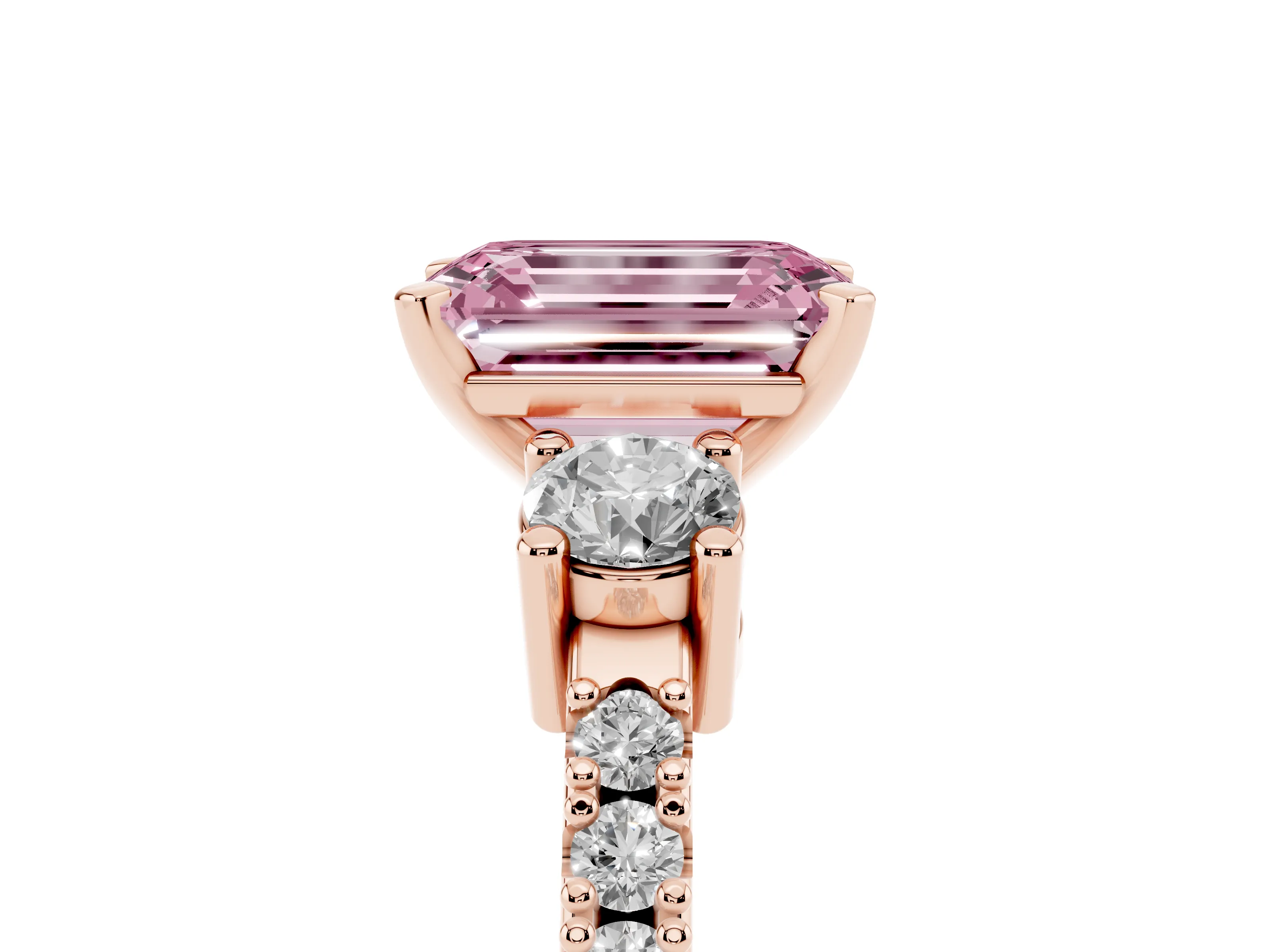 Fancy Pink Three-Stone Emerald Cut Diamond Pavé Band Ring Set in Rose gold with Prong Setting