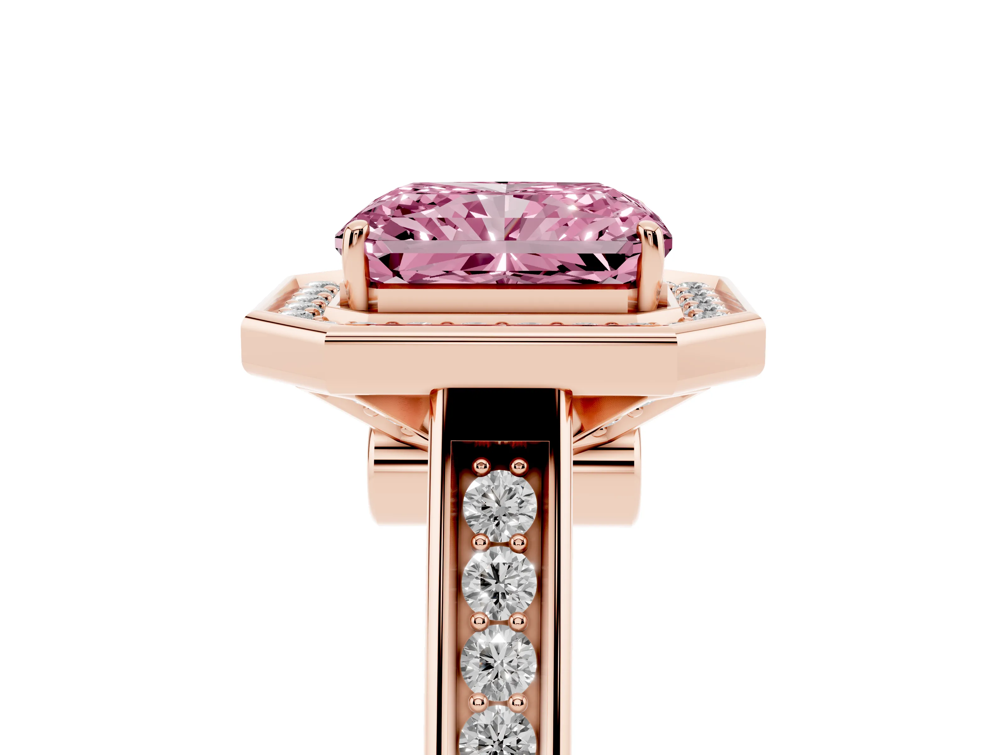 Fancy Pink Emerald Cut Diamond Halo Solitaire Ring Set in Rose gold with Pavé Band and Bezel Setting