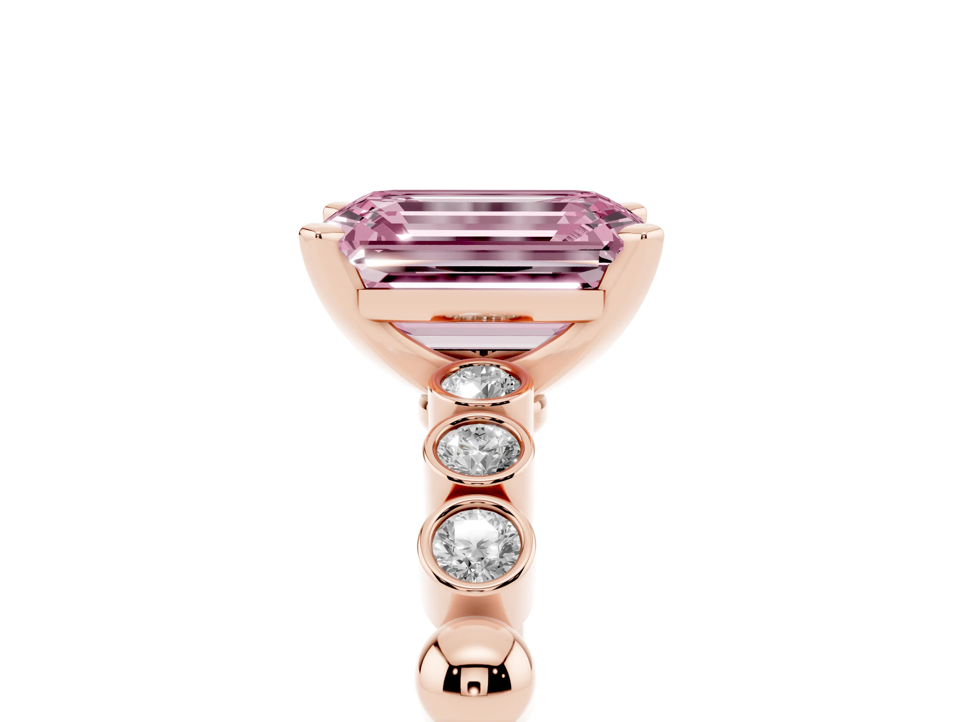 Fancy Pink Emerald Cut Diamond Solitaire Engagement Ring Set in Rose gold with Bezel Accents on Beaded Band
