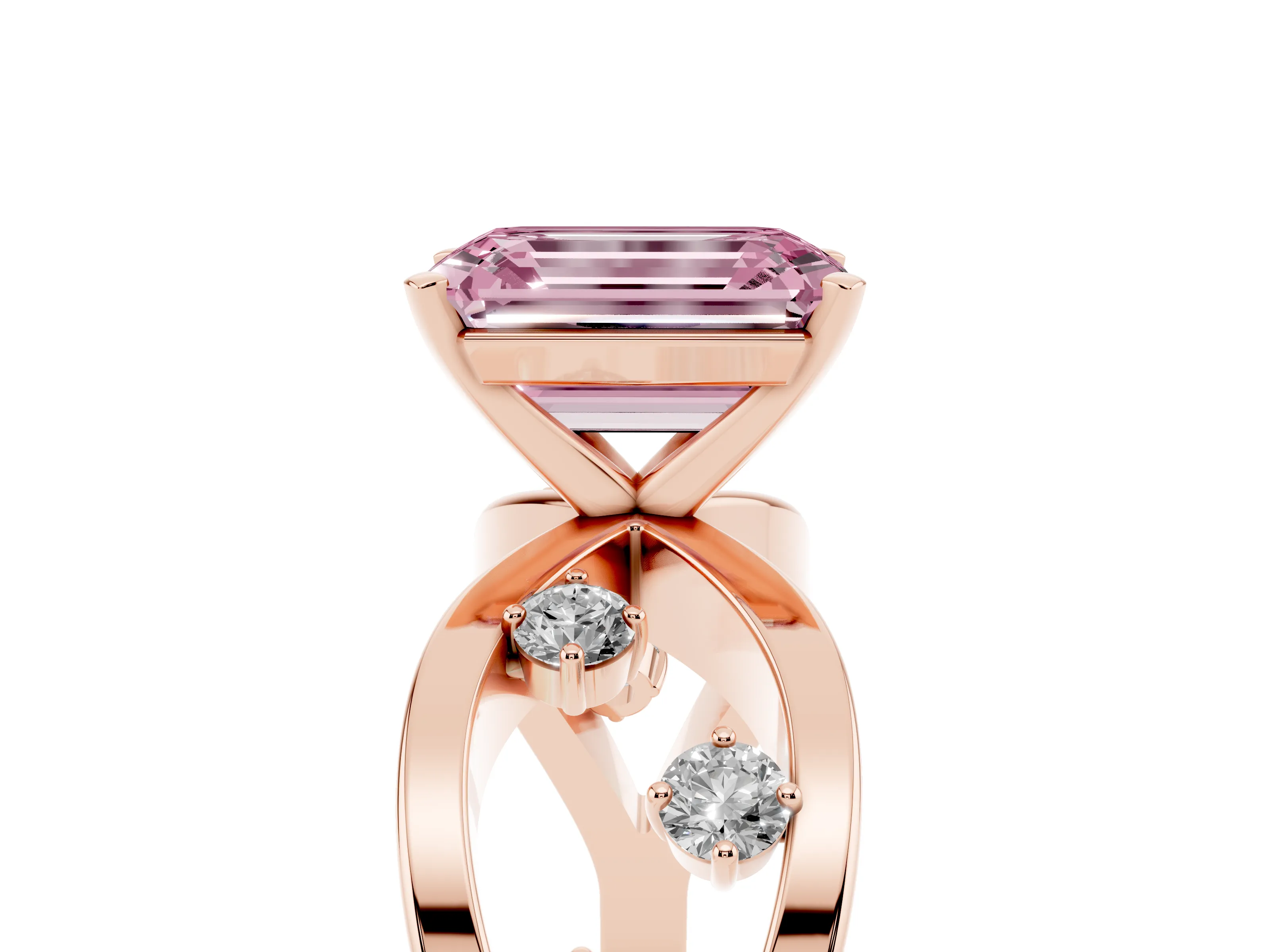 Fancy Pink Emerald Cut Diamond Solitaire Ring Set in Rose gold with Side Stones on Criss-Cross Band and Prong Setting
