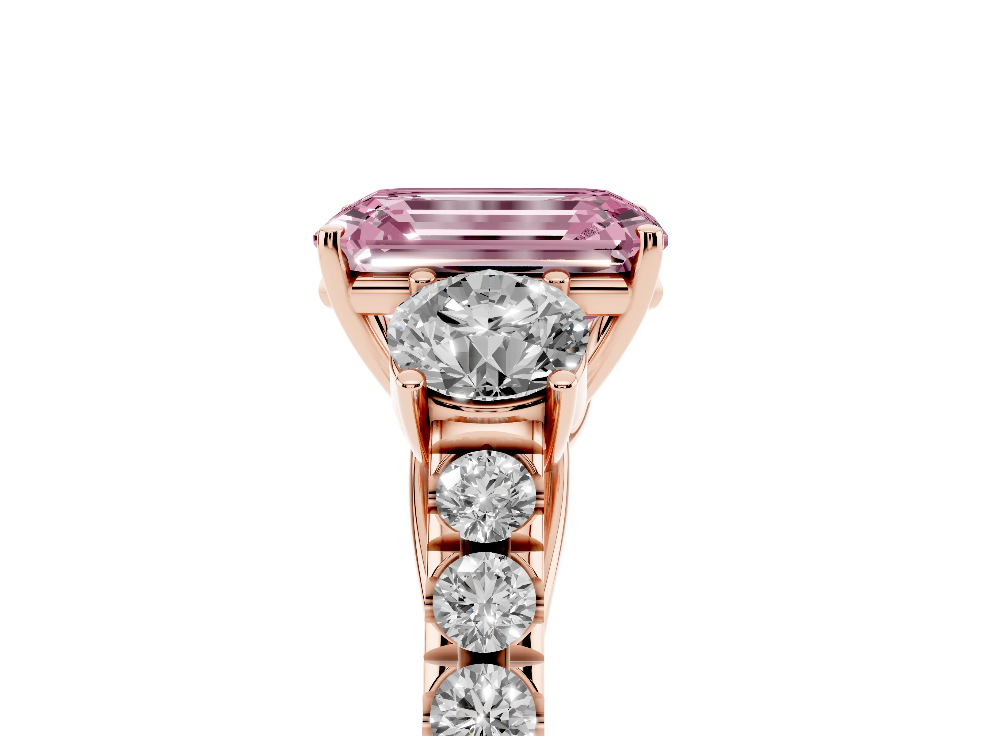 Fancy Pink Emerald Cut Diamond Three-Stone Ring Set in Rose gold with Round Side Stones and Delicate Pavé Band