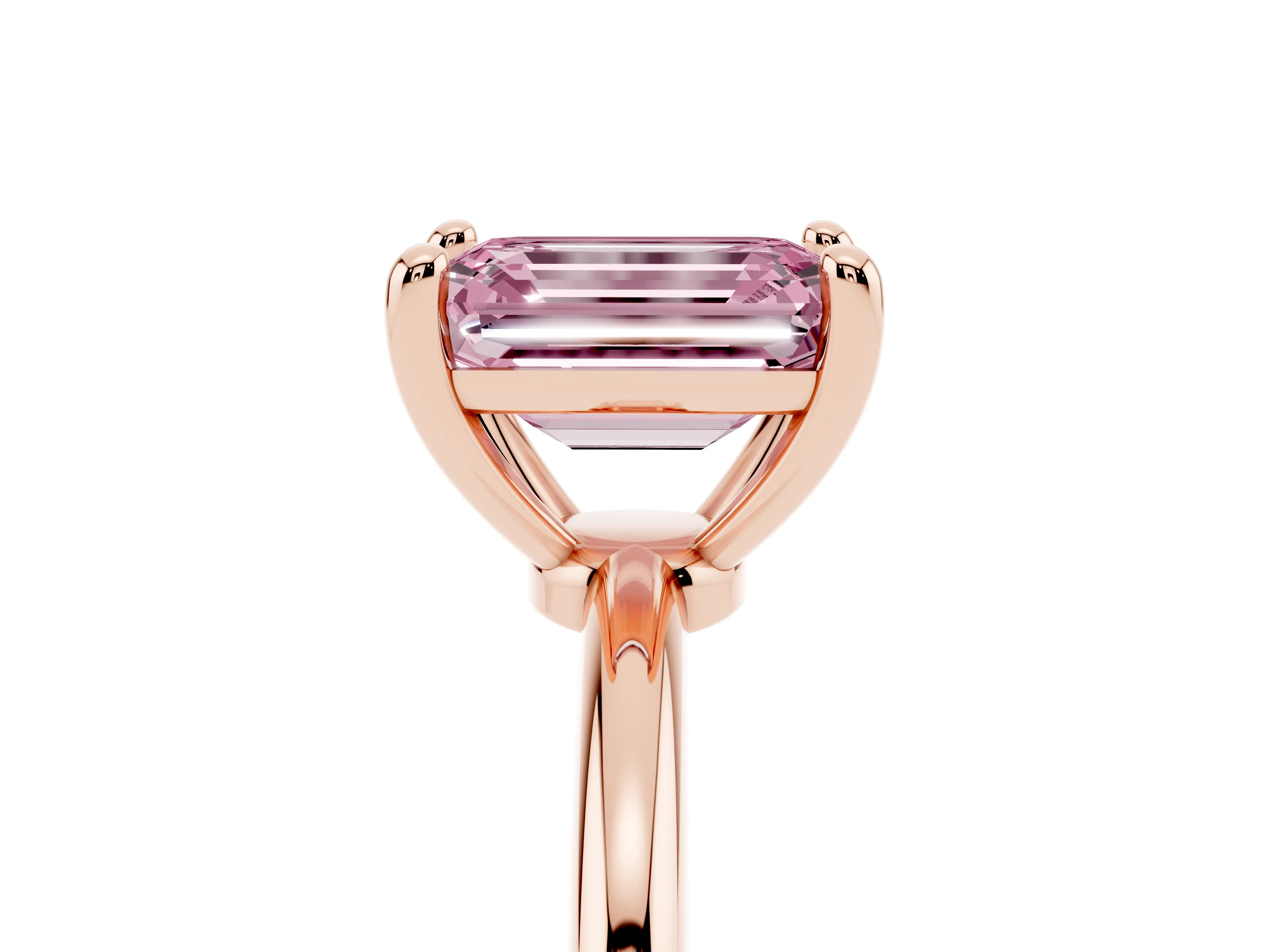 Fancy Pink Emerald Cut Diamond Solitaire Ring Set in Rose gold with Secure Prong Setting on a Classic Band