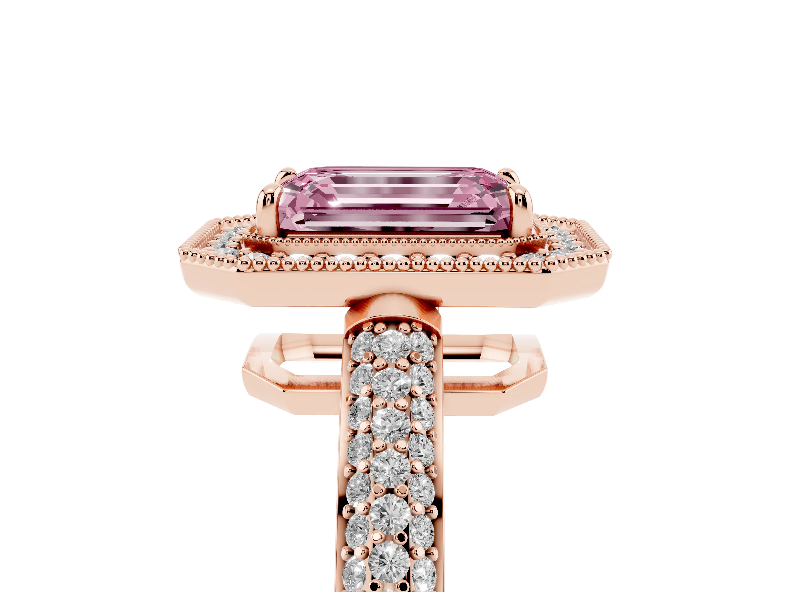 Fancy Pink Emerald Cut Diamond Halo Pavé Band Set in Rose gold with Prong Setting