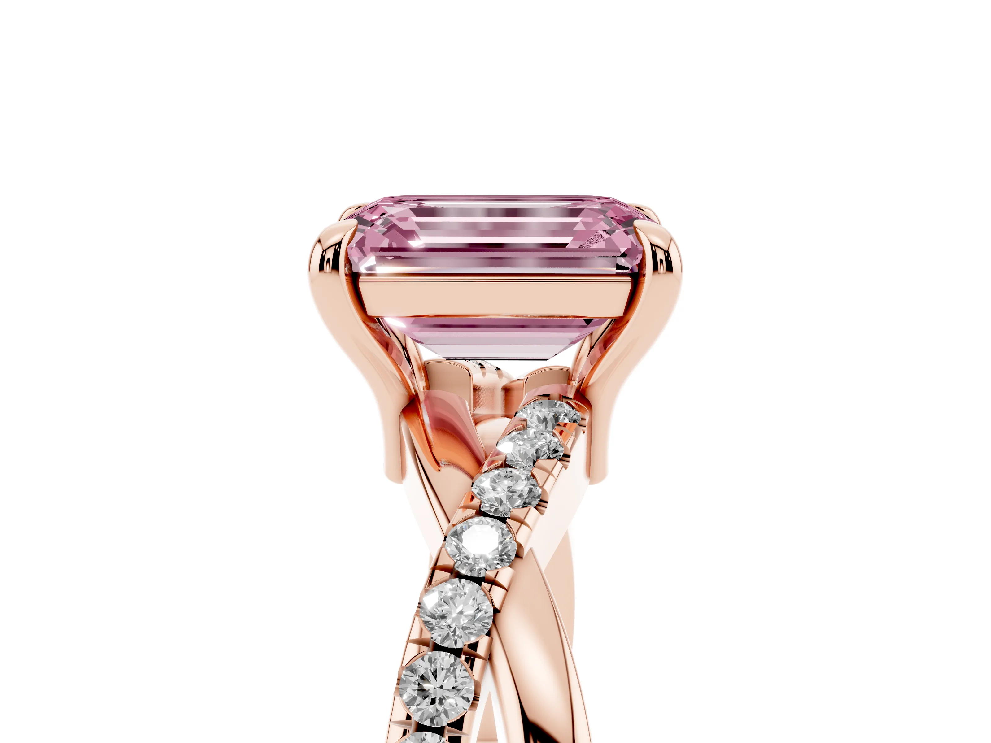 Fancy Pink Emerald Cut Diamond Twist Band Solitaire Set in Rose gold with Pavé Accents and Prong Setting