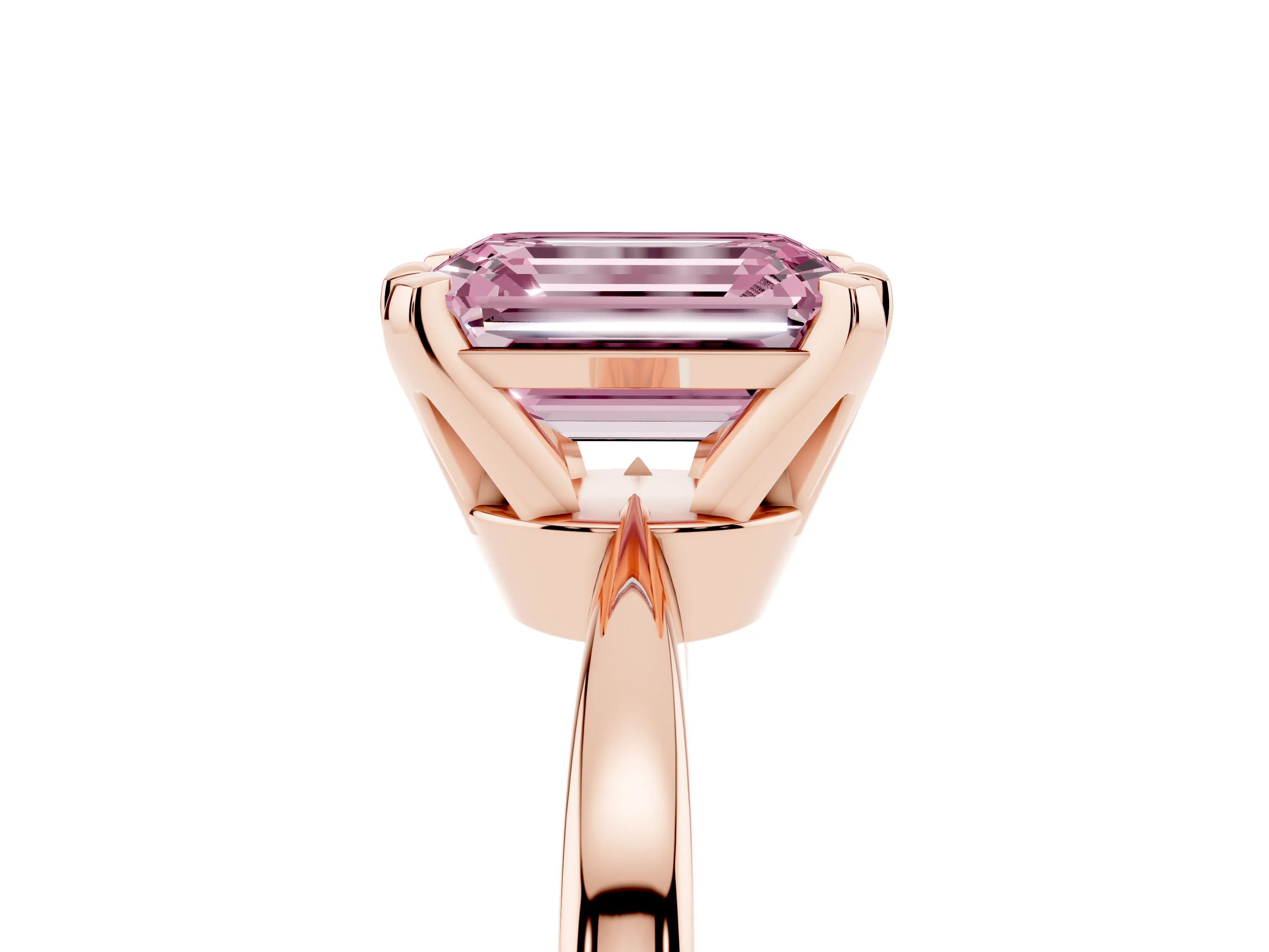Fancy Pink Emerald Cut Diamond Solitaire Engagement Ring Set in Rose gold with Slim Tapered Solitaire Band