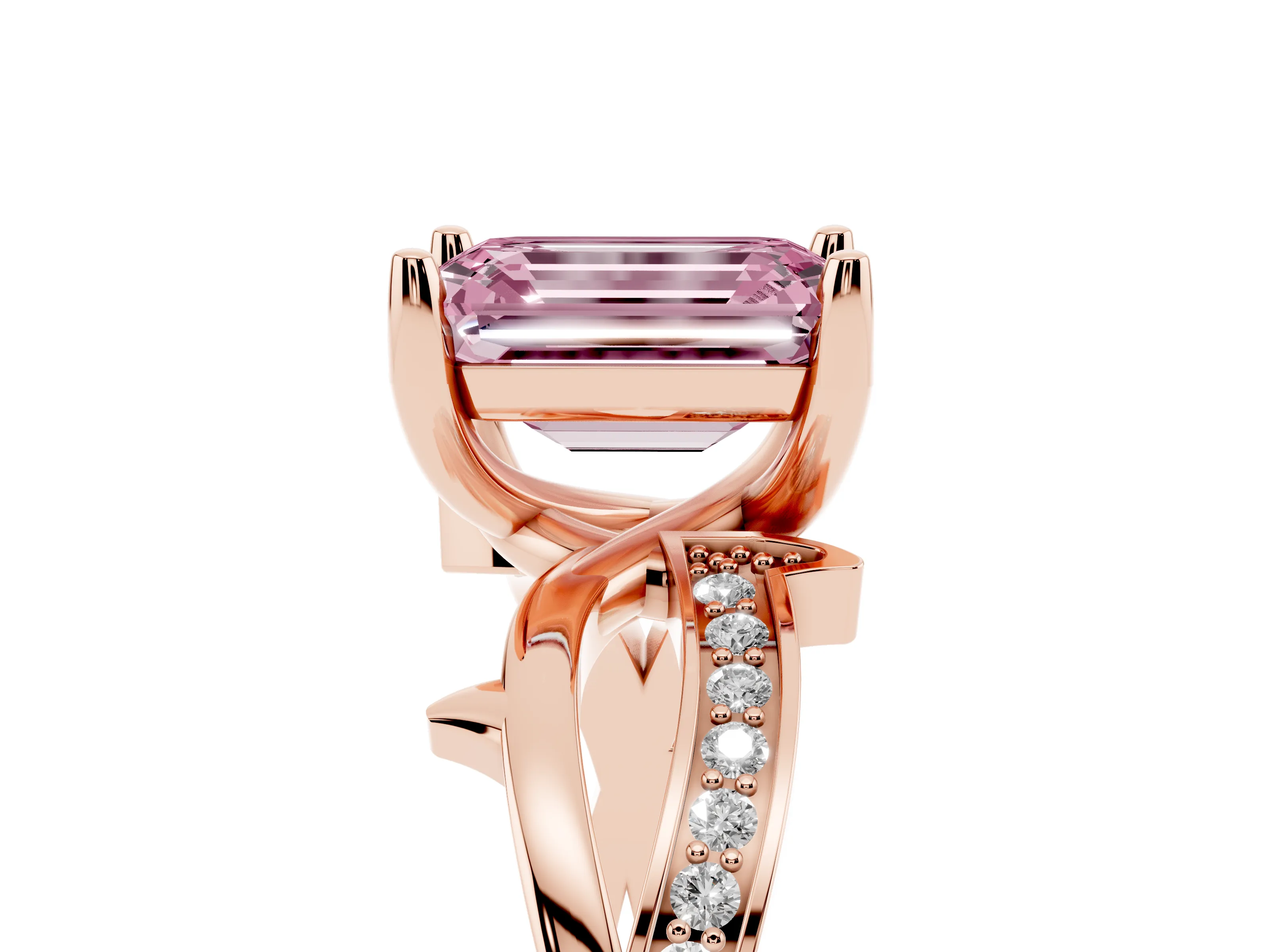 Fancy Pink Emerald Cut Diamond Pavé Twist Band Solitaire Ring Set in Rose gold with Prong Setting