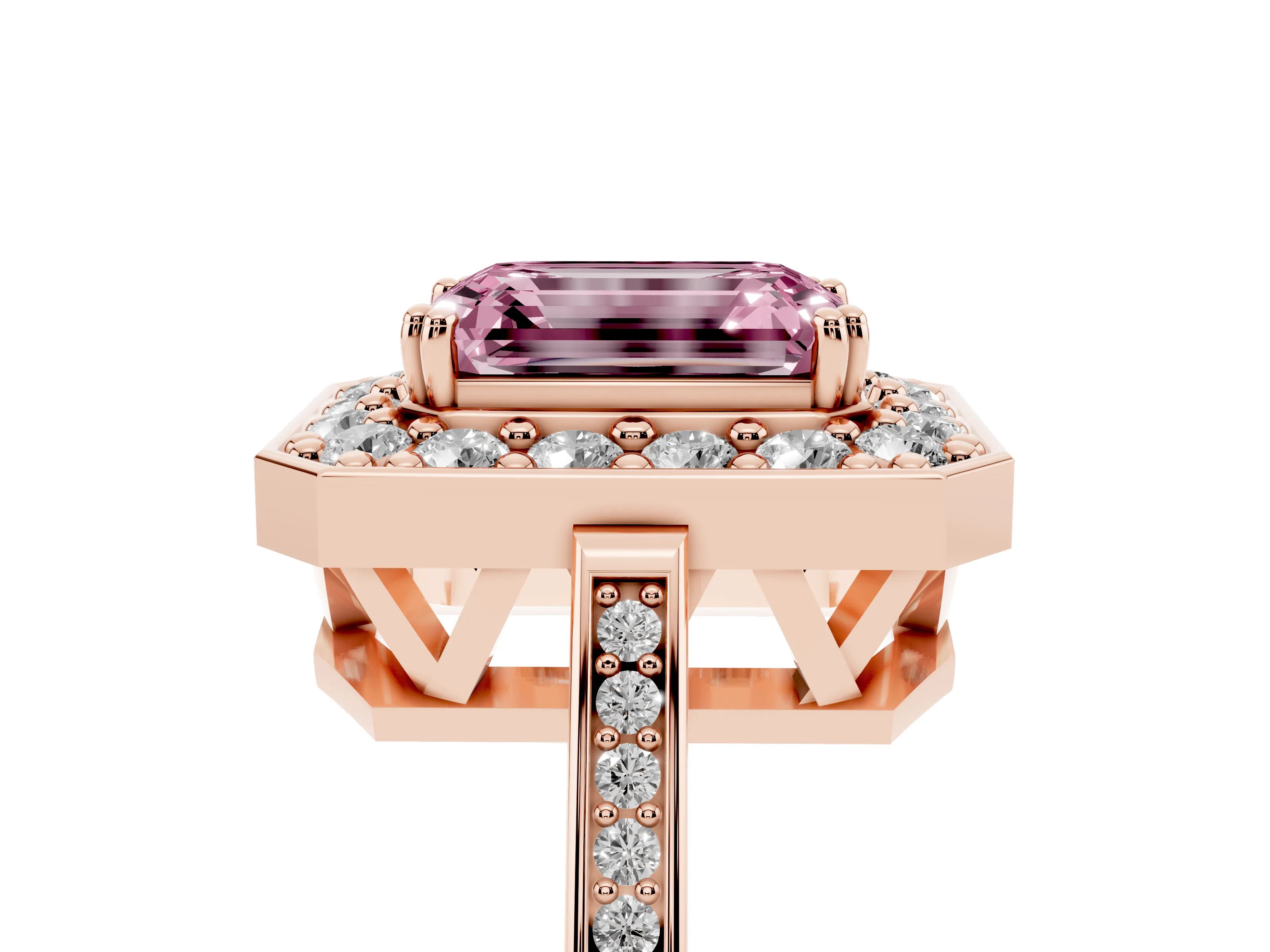 Fancy Pink Emerald Cut Diamond Halo Ring Set in Rose gold with Accent-Lined Split Shank and Prong Setting