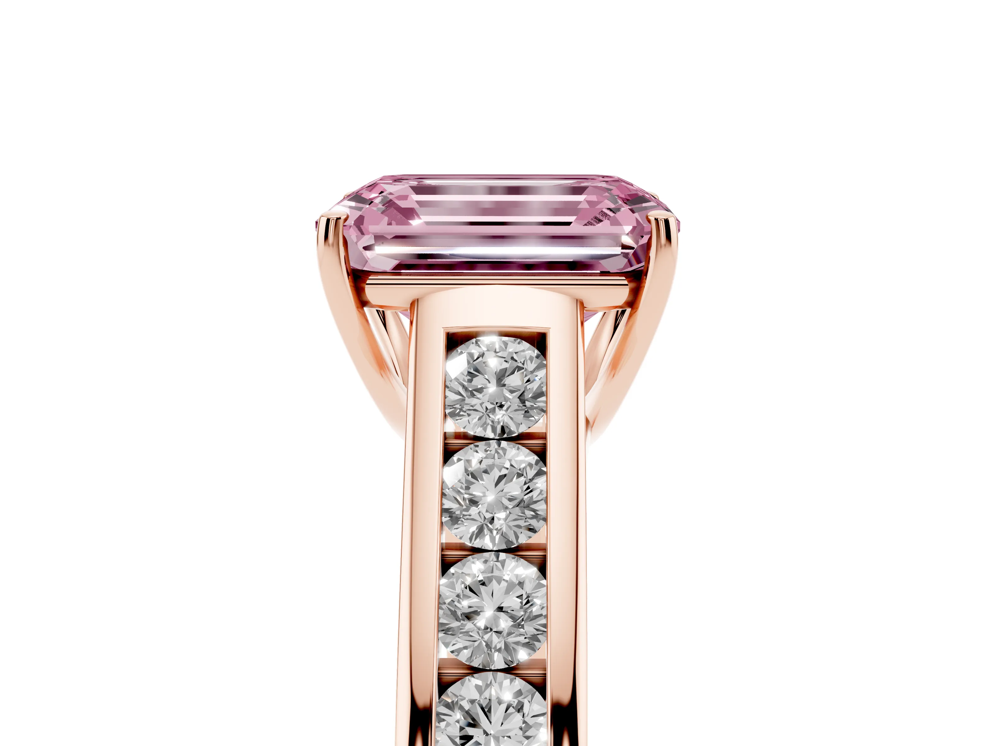Fancy Pink Emerald Cut Diamond Brilliant Channel-Set Solitaire Ring Set in Rose gold with Prong Setting