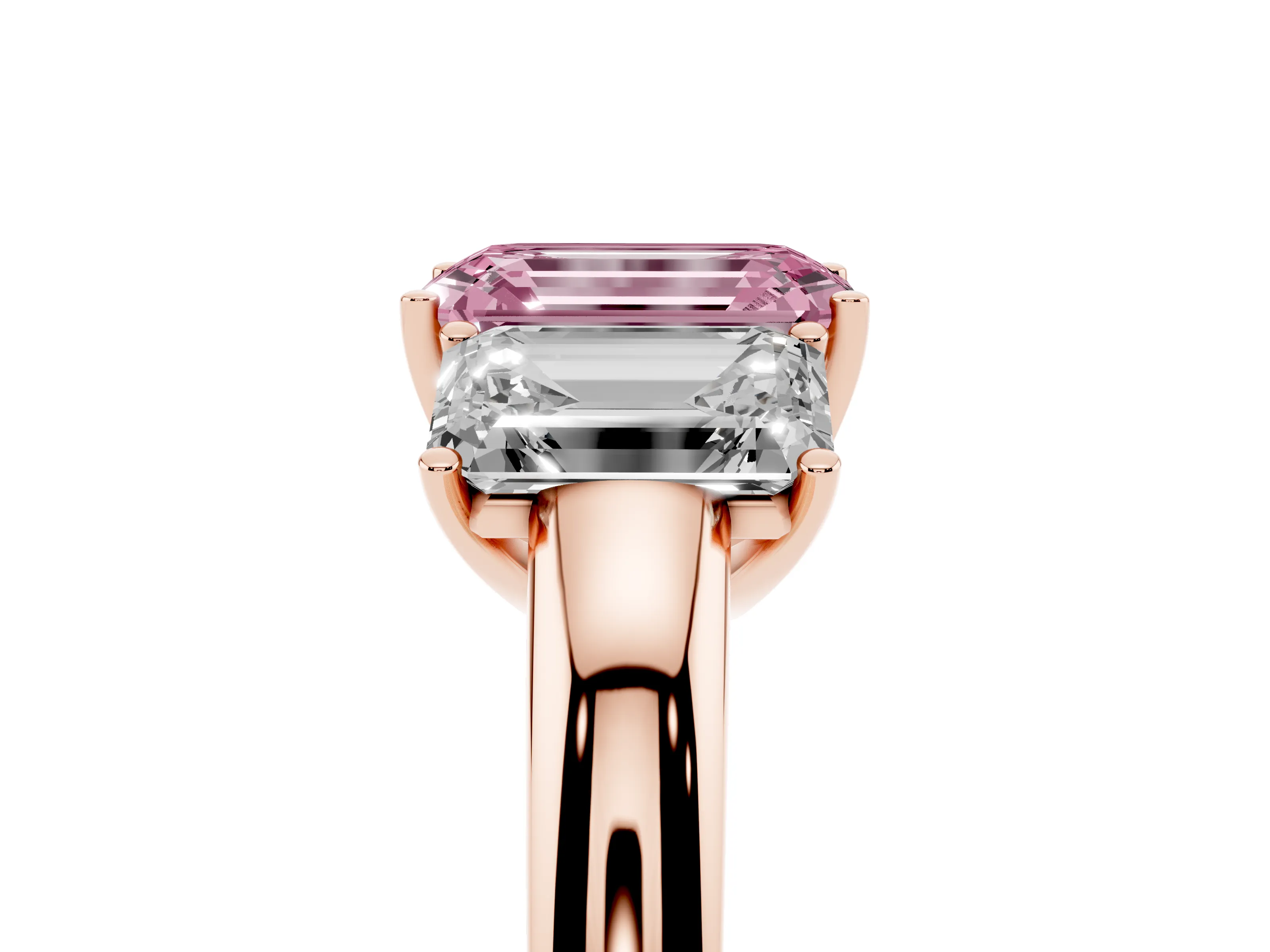 Fancy Pink Emerald Cut Diamond Three-Stone Ring Set in Rose gold with Bold Center and Classic Band