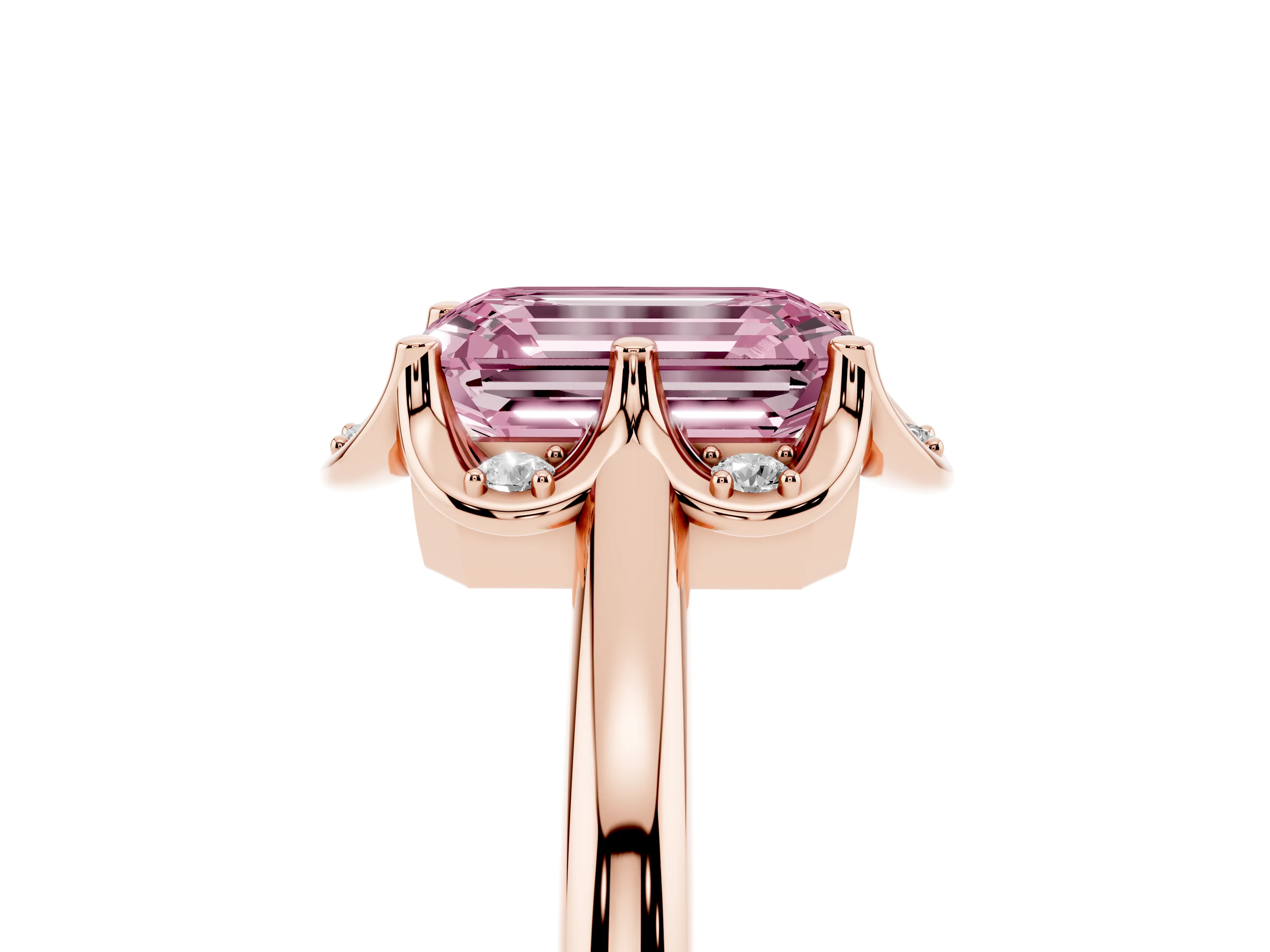 Fancy Pink Emerald Cut Diamond Round Cluster Halo Ring Set in Rose gold with Solitaire Band and Prong Setting