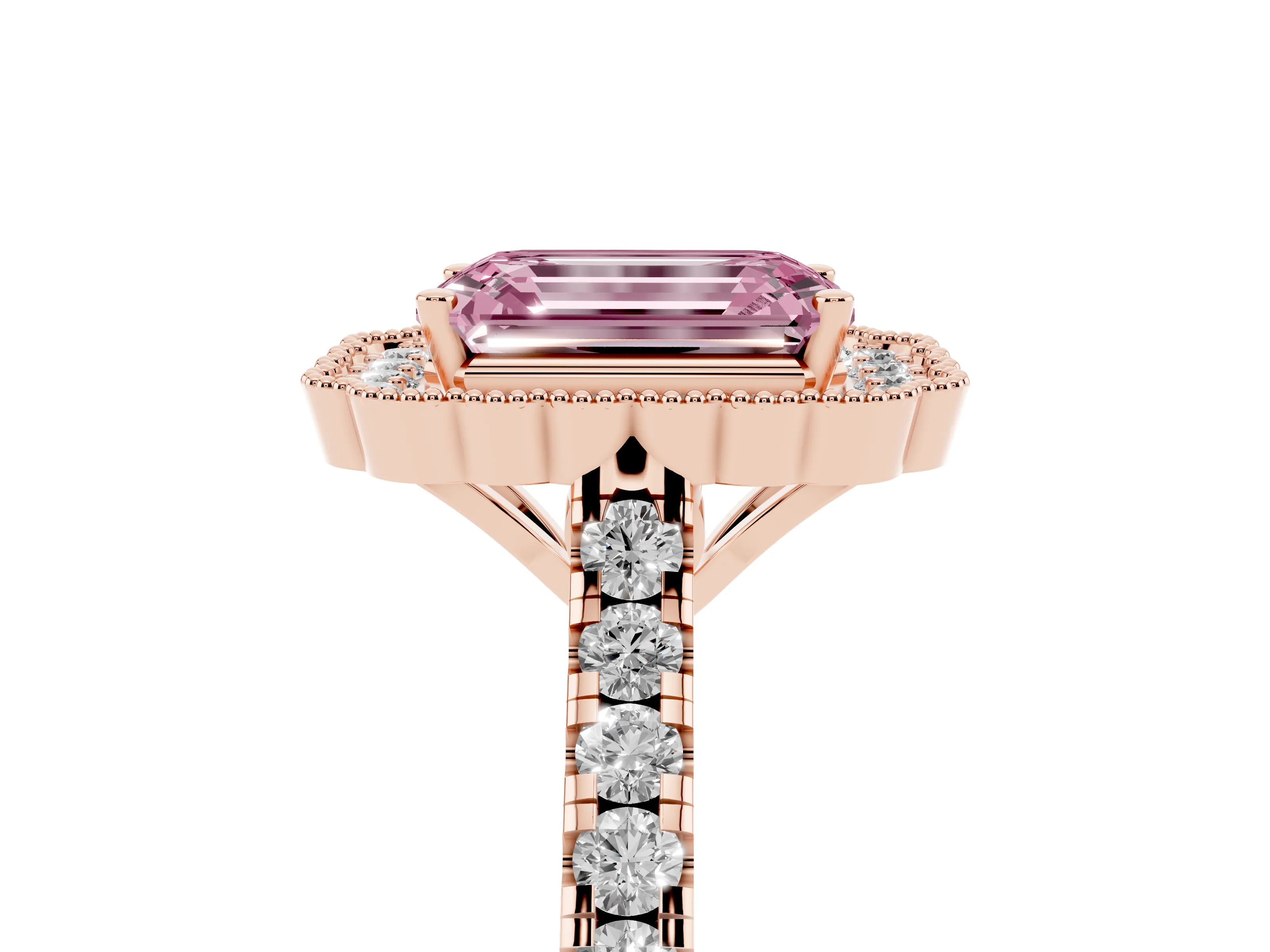 Fancy Pink Emerald Cut Diamond Milgrain Floral Halo Engagement Ring Set in Rose gold with Pavé Band