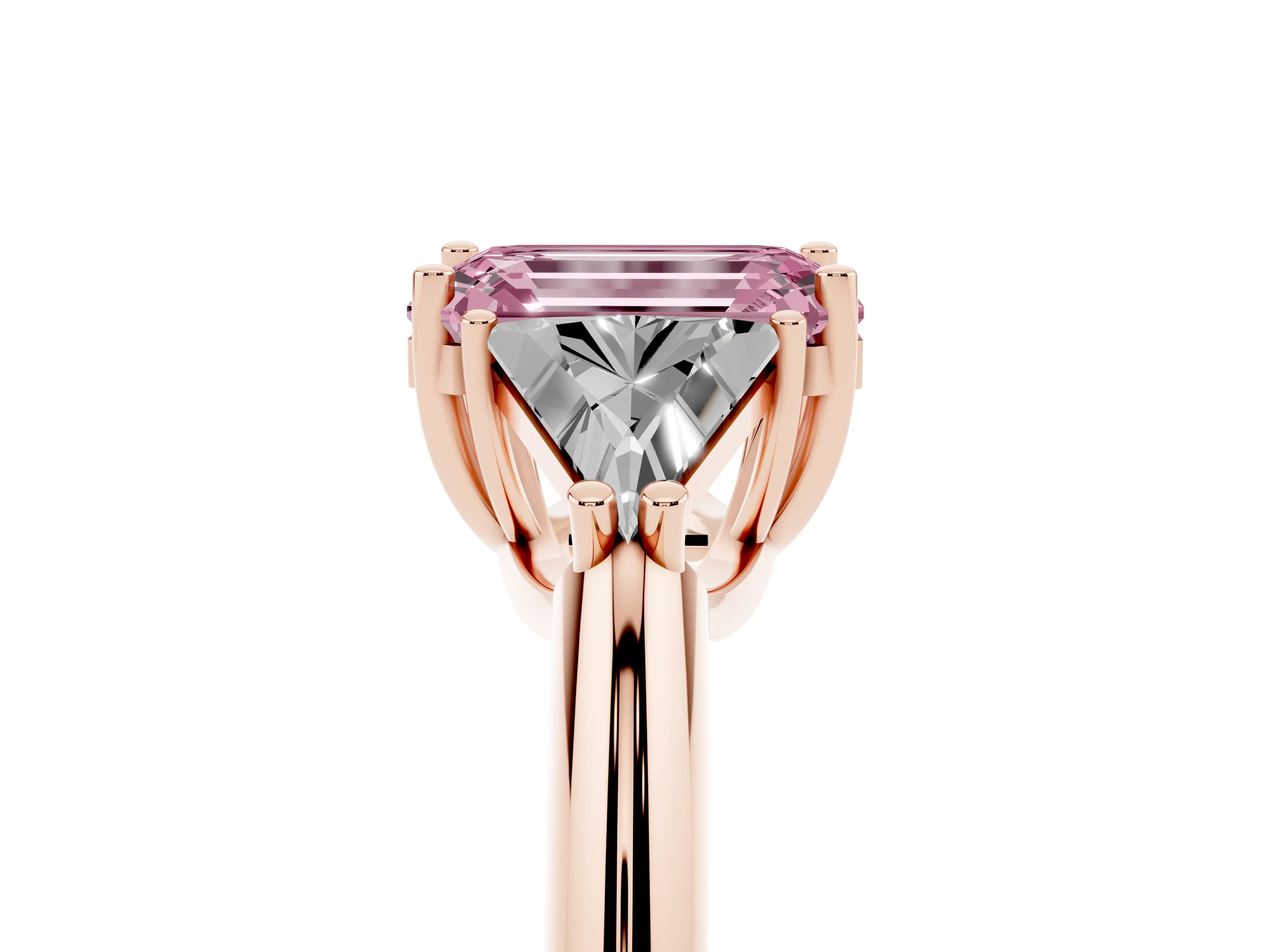 Fancy Pink Emerald Cut Diamond Three-Stone Engagement Ring Set in Rose gold with Trillion Side Stones