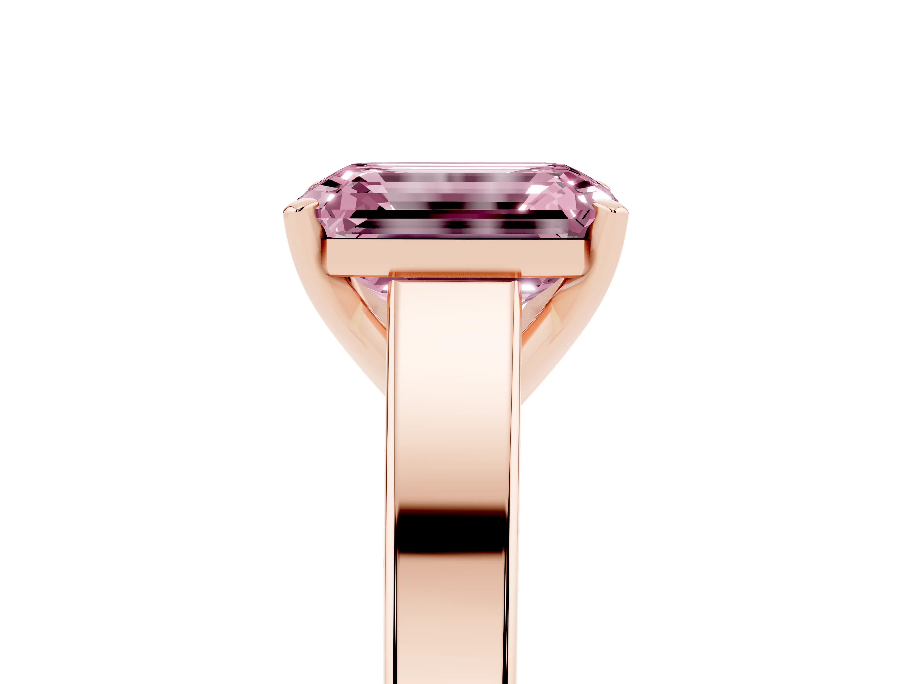 Fancy Pink Emerald Cut Diamond Solitaire Engagement Ring Set in Rose gold with Prong Setting and Tapered Band