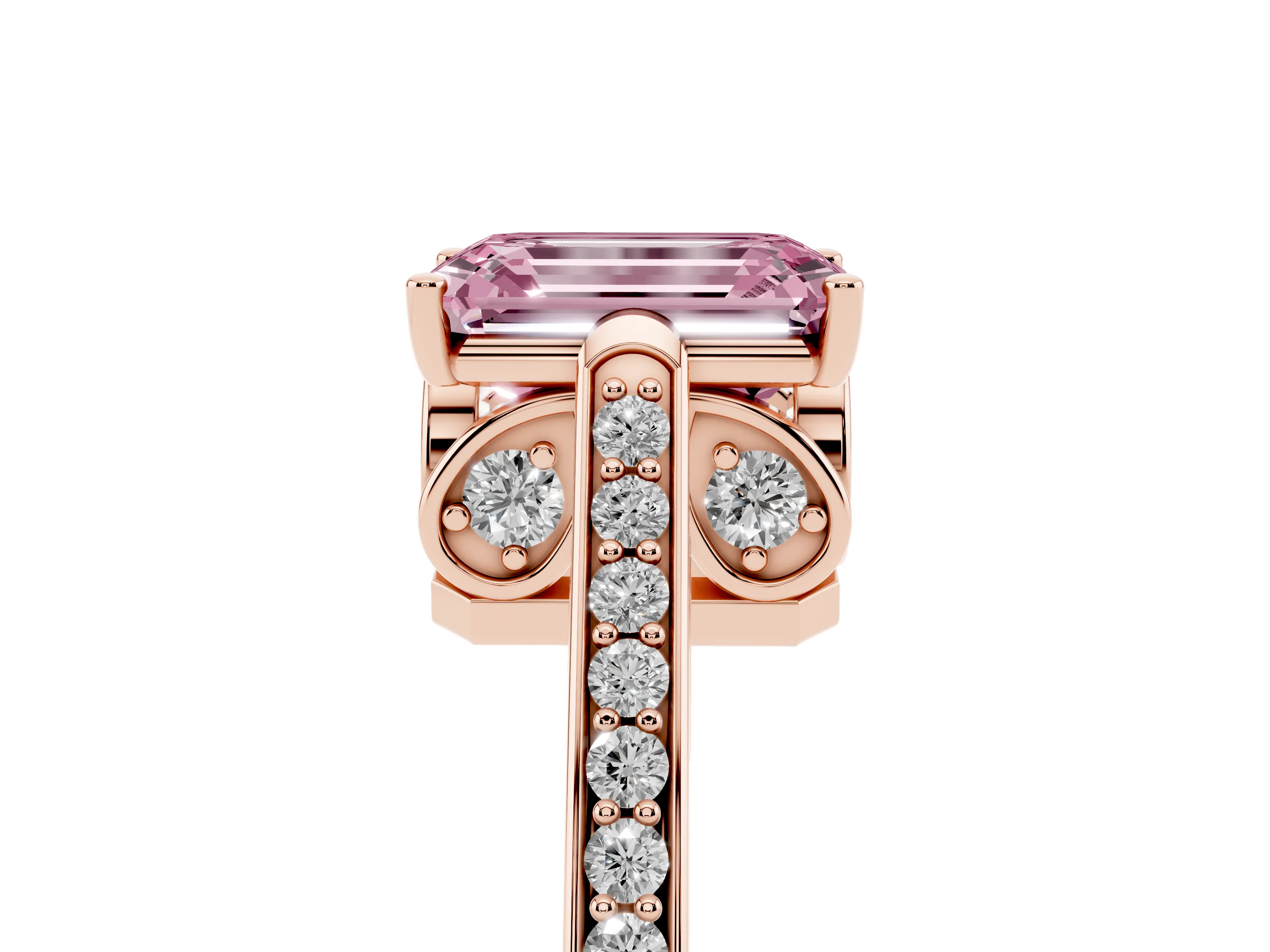Fancy Pink Emerald Cut Diamond Cathedral Pavé Engagement Ring Set in Rose gold with Prong Setting