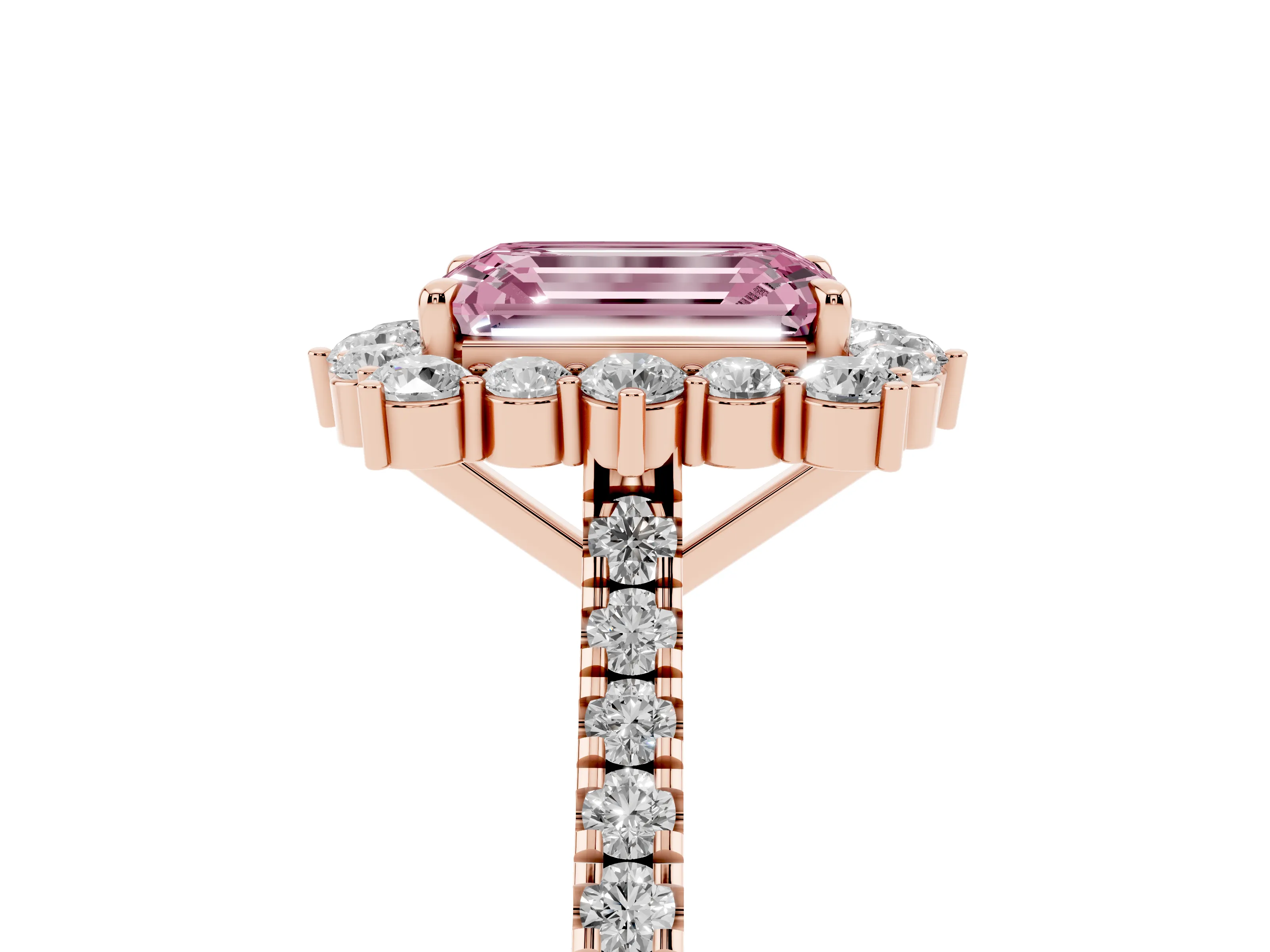 Fancy Pink Emerald Cut Diamond Halo Ring Set in Rose gold with Pavé Band and Prong Setting