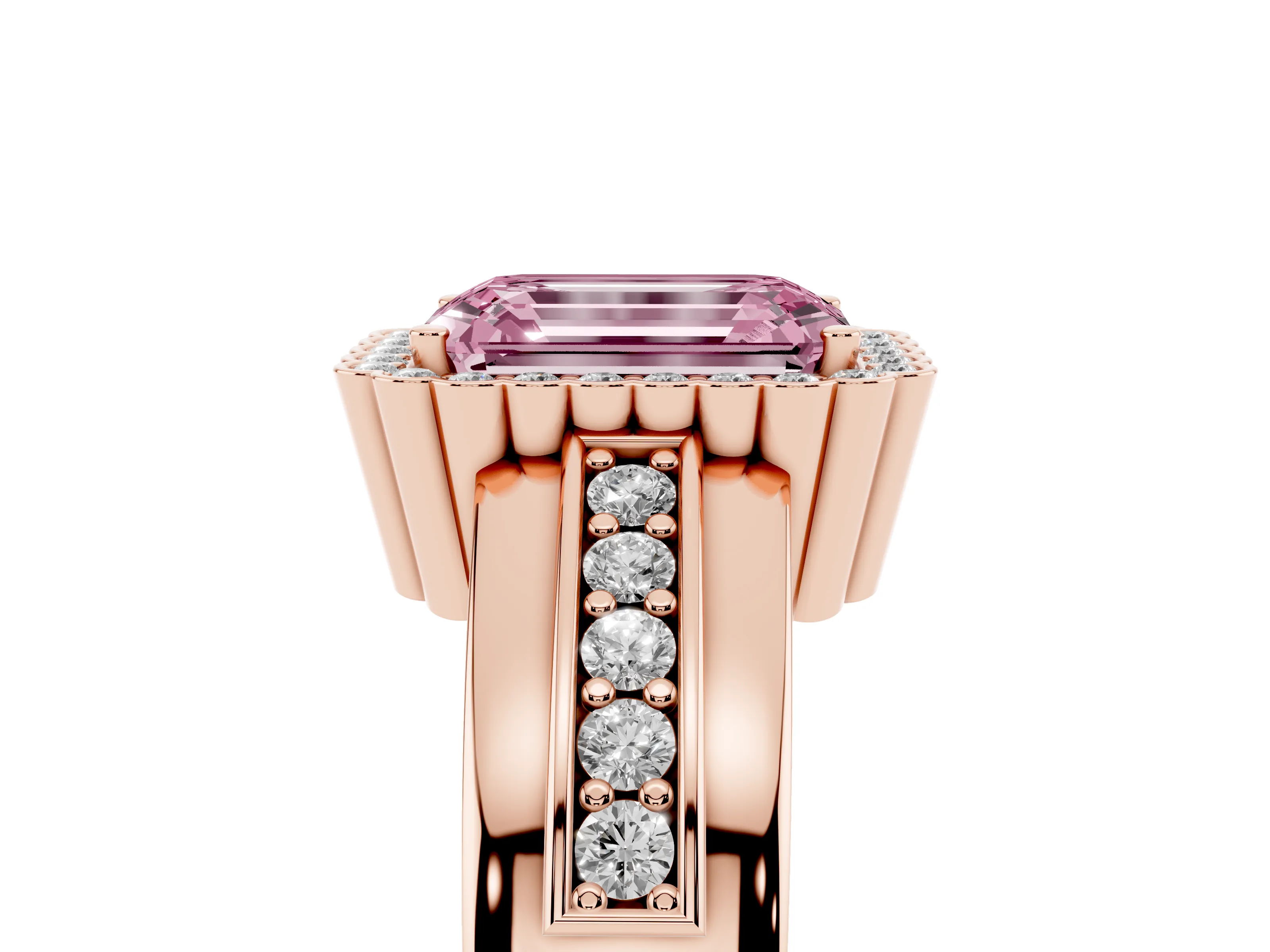 Fancy Pink Emerald Cut Diamond Halo Prong Ring Set in Rose gold with Pavé Band