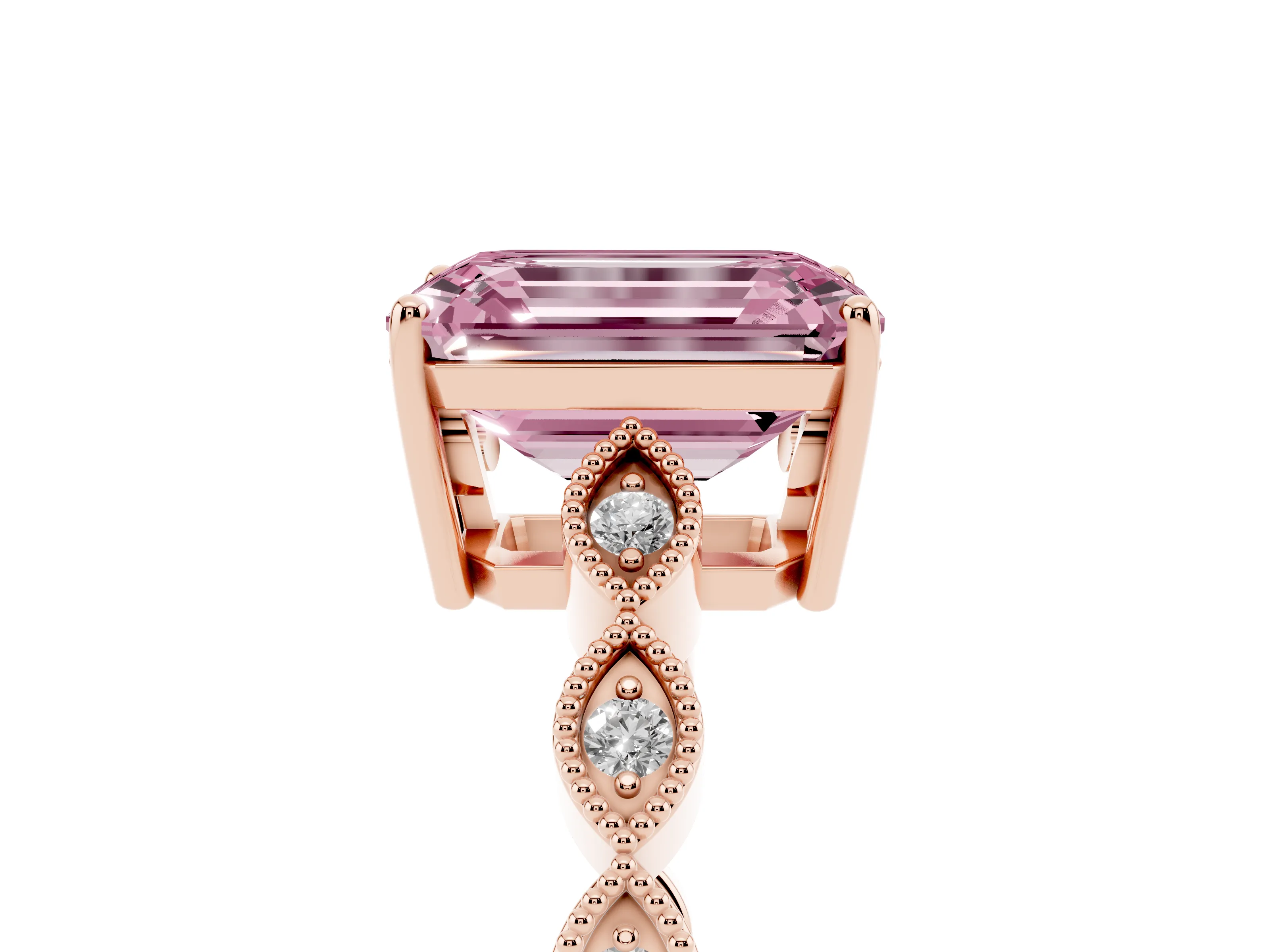 Fancy Pink Emerald Cut Diamond Solitaire Ring Set in Rose gold with Infinity Twist Pavé Band