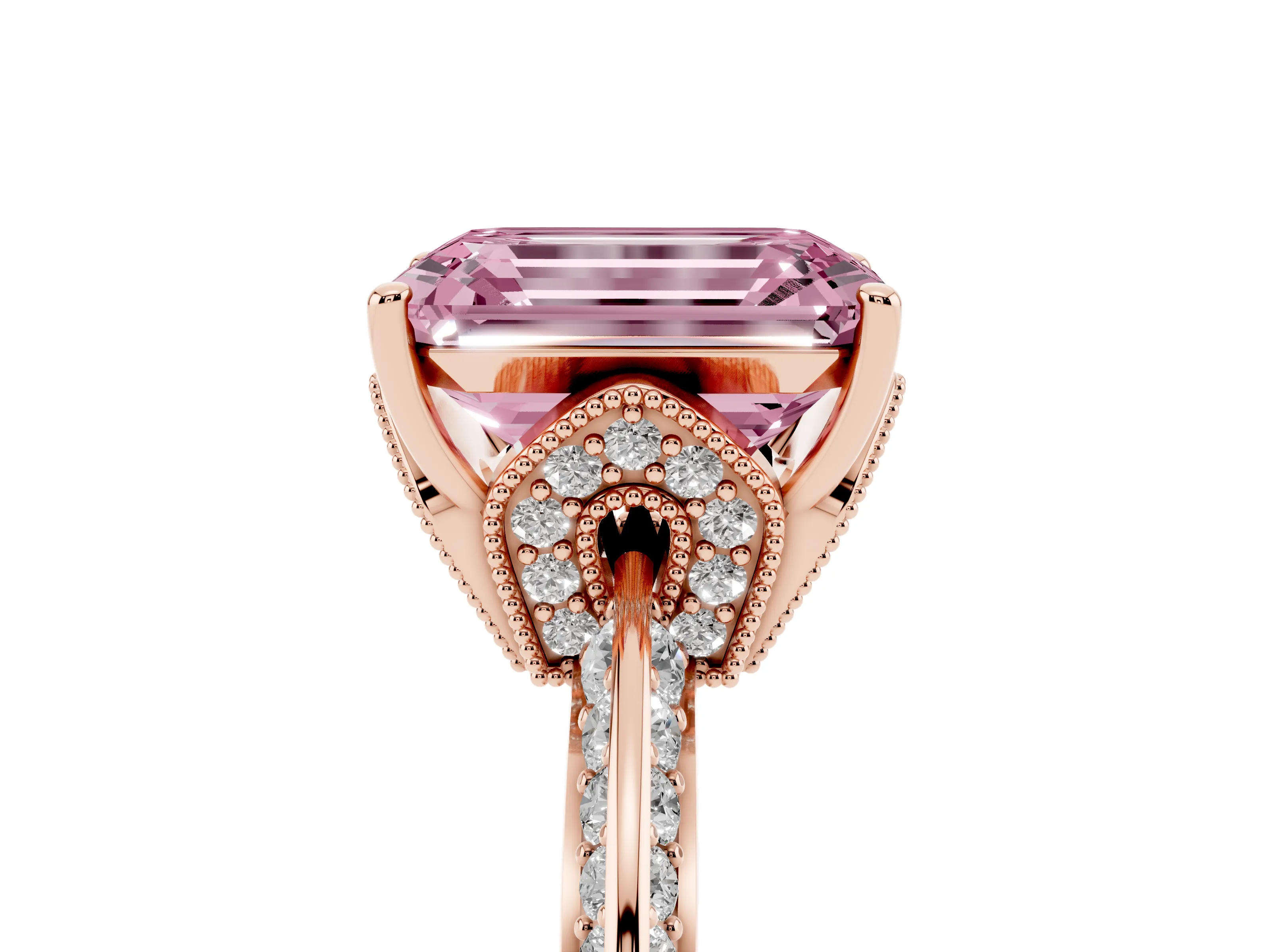 Fancy Pink Emerald Cut Diamond Solitaire Engagement Ring Set in Rose gold with Pavé Split Shank and Prong Setting