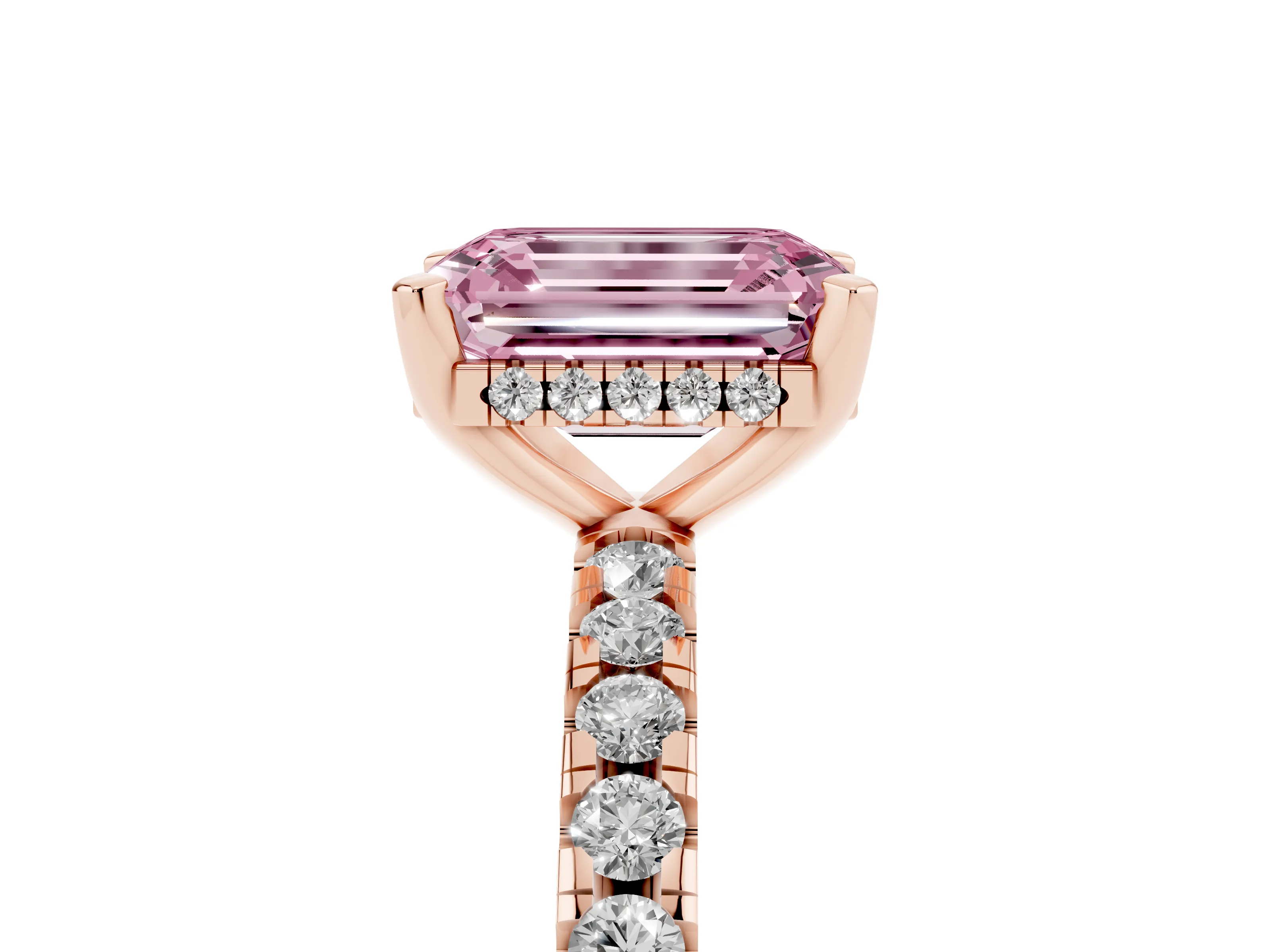 Fancy Pink Emerald Cut Diamond Pavé Solitaire Ring Set in Rose gold with Round Band Accents and Prong Setting
