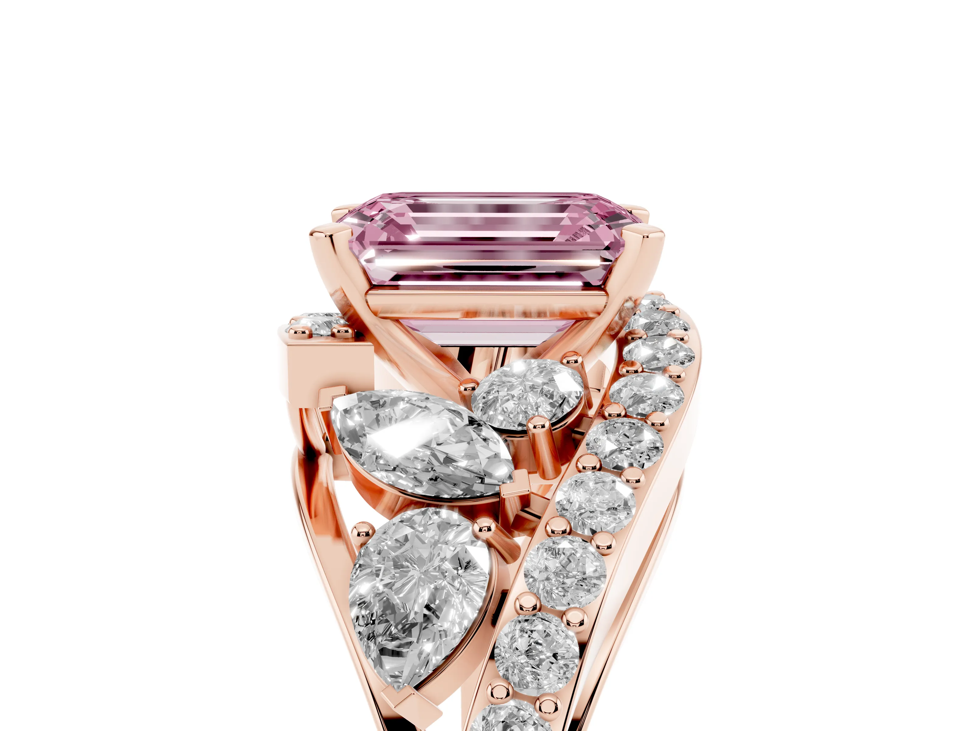 Fancy Pink Emerald Cut Diamond Halo Ring Set in Rose gold with Marquise and Pavé Band in Prong Setting