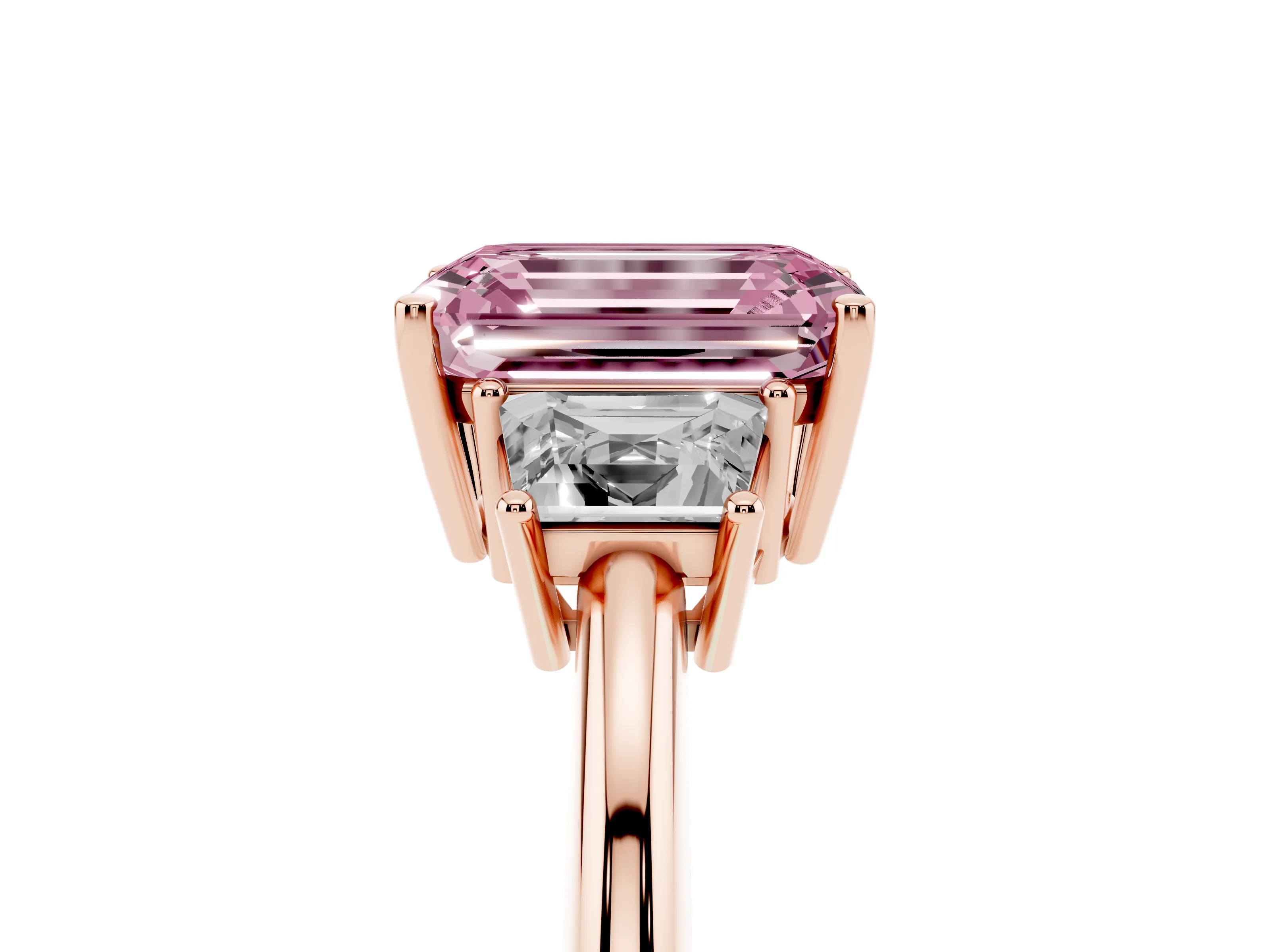 Fancy Pink Emerald Cut Diamond Three-Stone Ring Set in Rose gold with Trapezoid Side Stones and Prong Setting