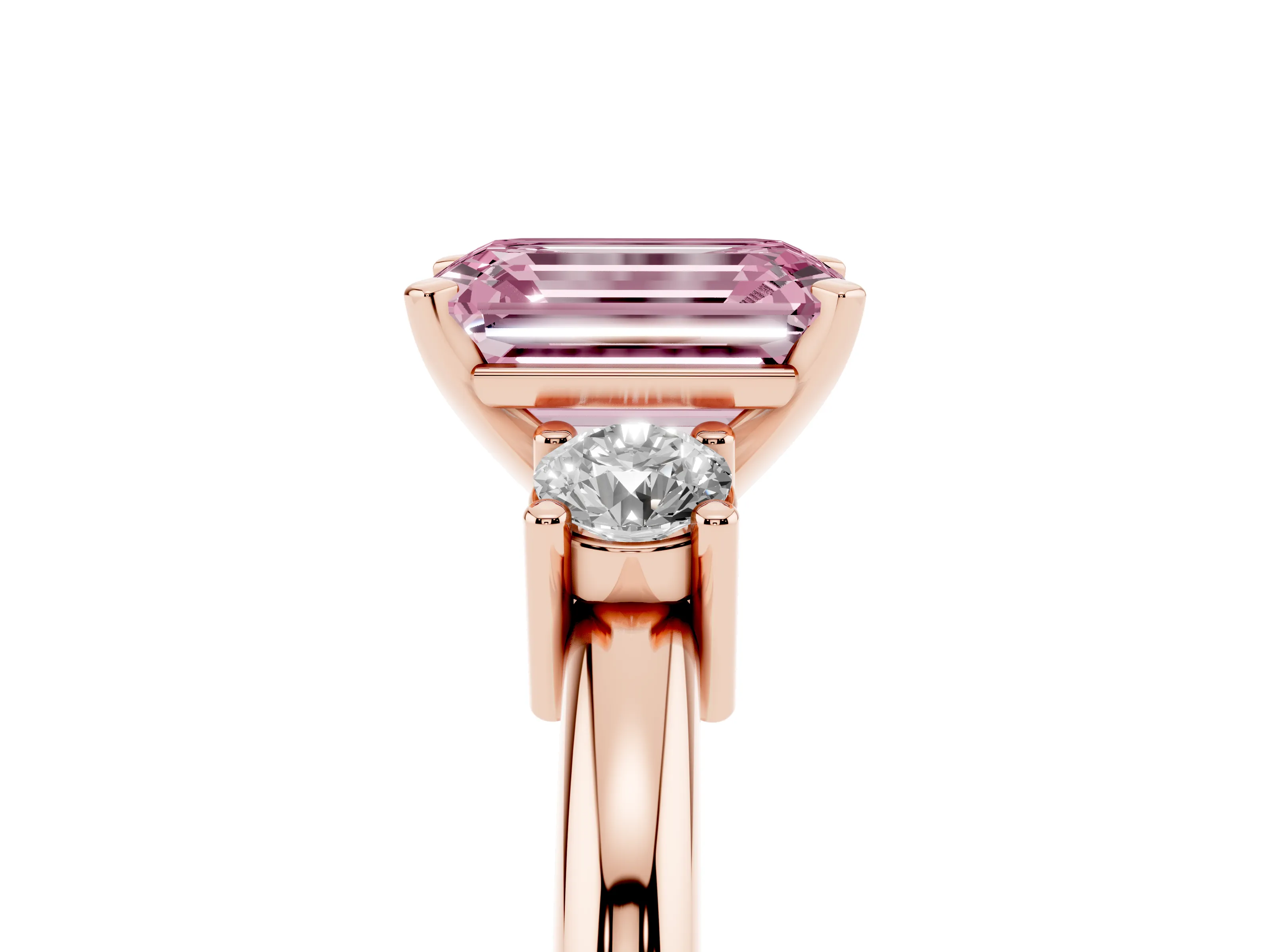 Fancy Pink Three-Stone Emerald Cut Diamond Ring Set in Rose gold with Prong Setting and Plain Band