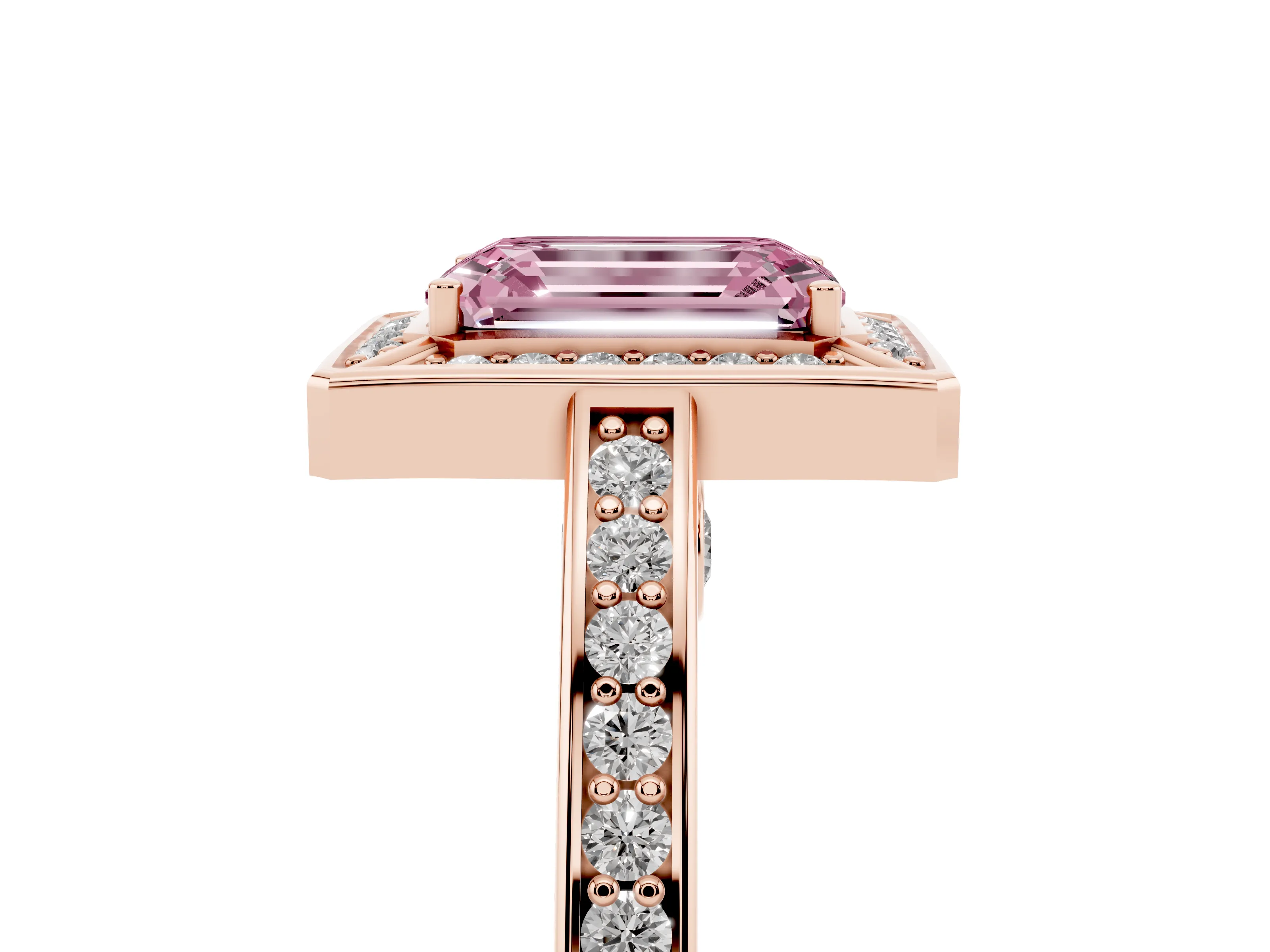 Fancy Pink Emerald Cut Diamond Halo Pavé Split Shank Ring Set in Rose gold with Prong Setting