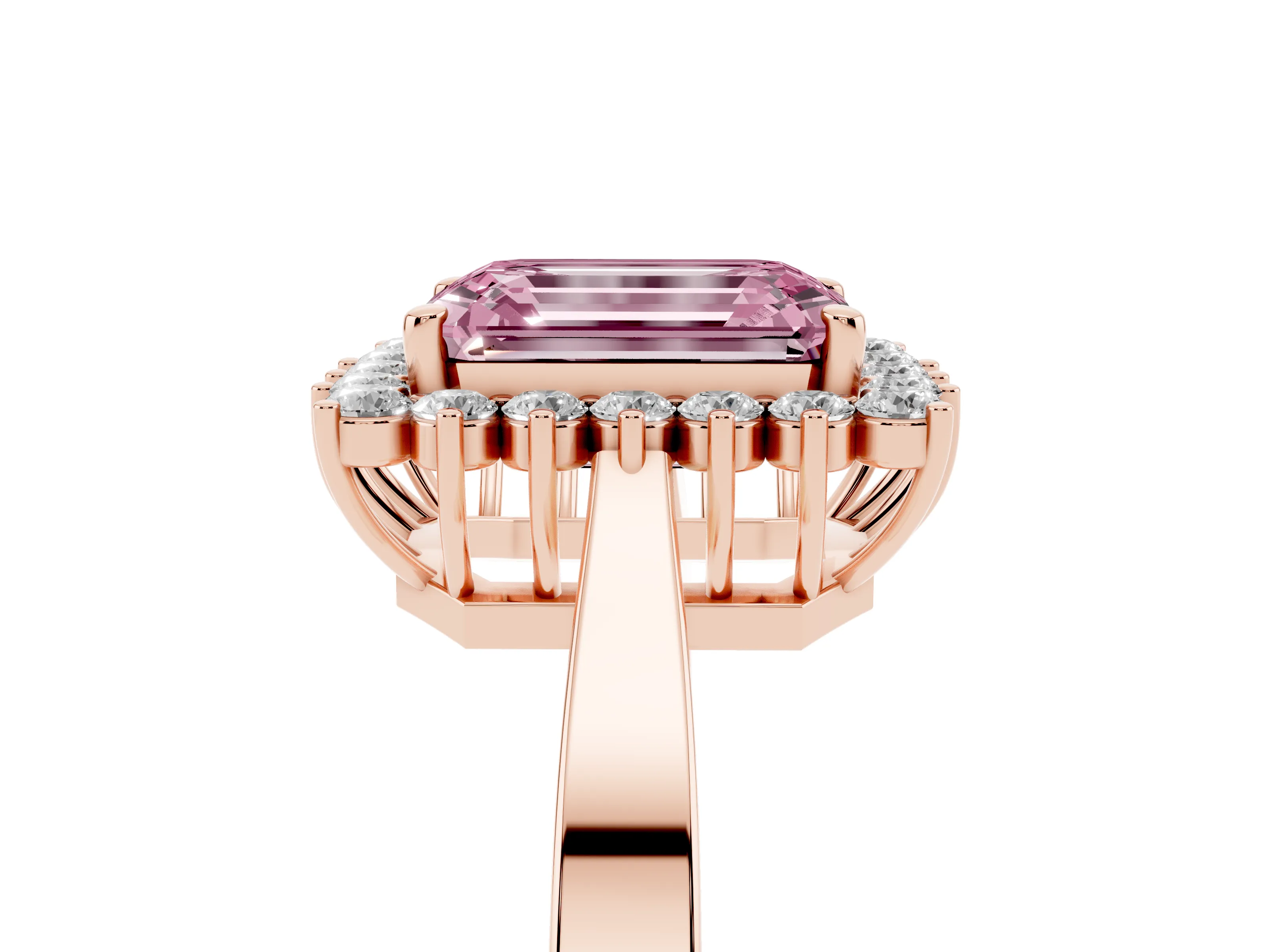 Fancy Pink Emerald Cut Diamond Halo Ring Set in Rose gold with Round Halo and Smooth Solitaire Band