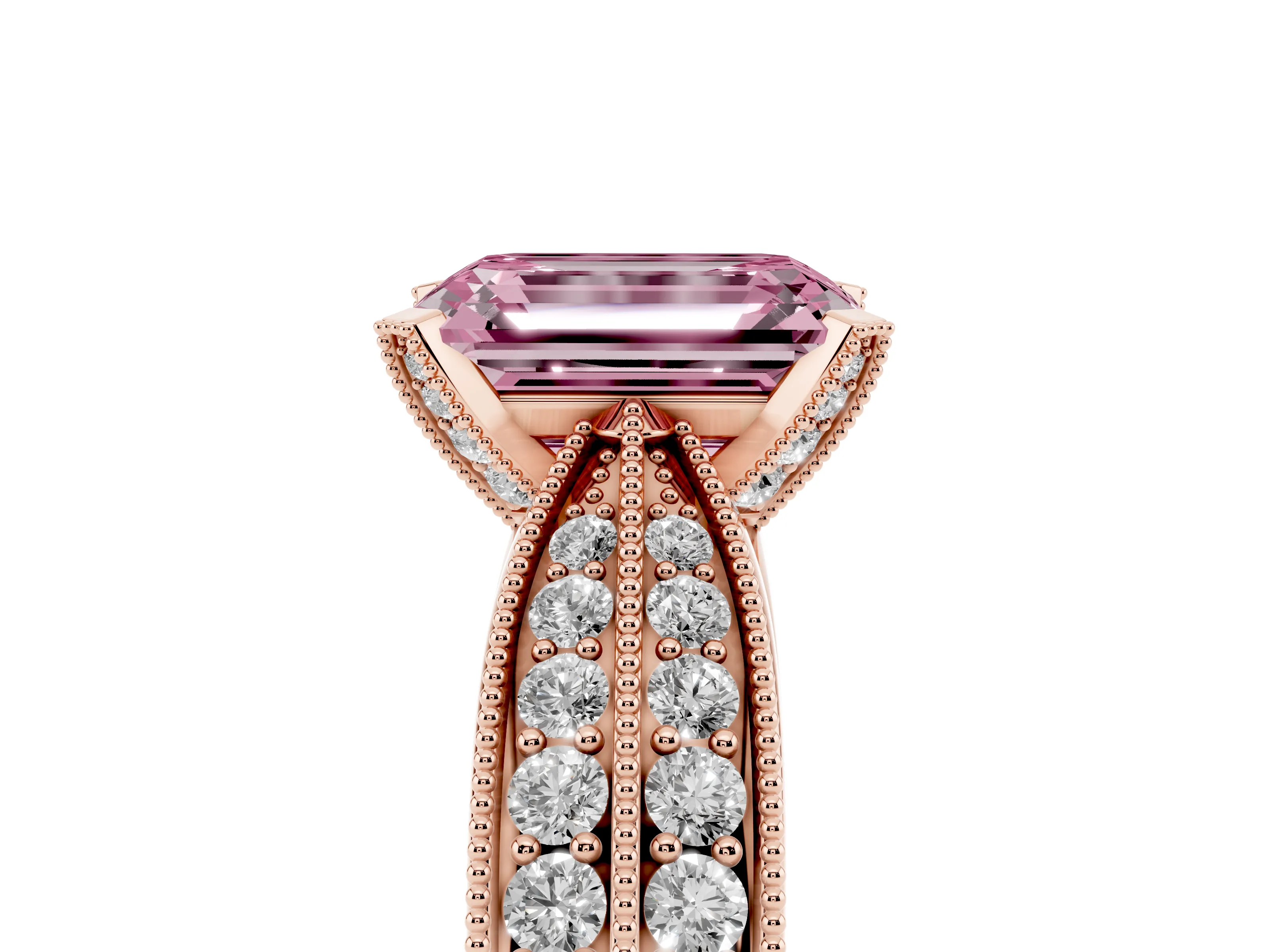 Fancy Pink Emerald Cut Diamond Solitaire Ring Set in Rose gold with Milgrain Double Row Round Pavé Band