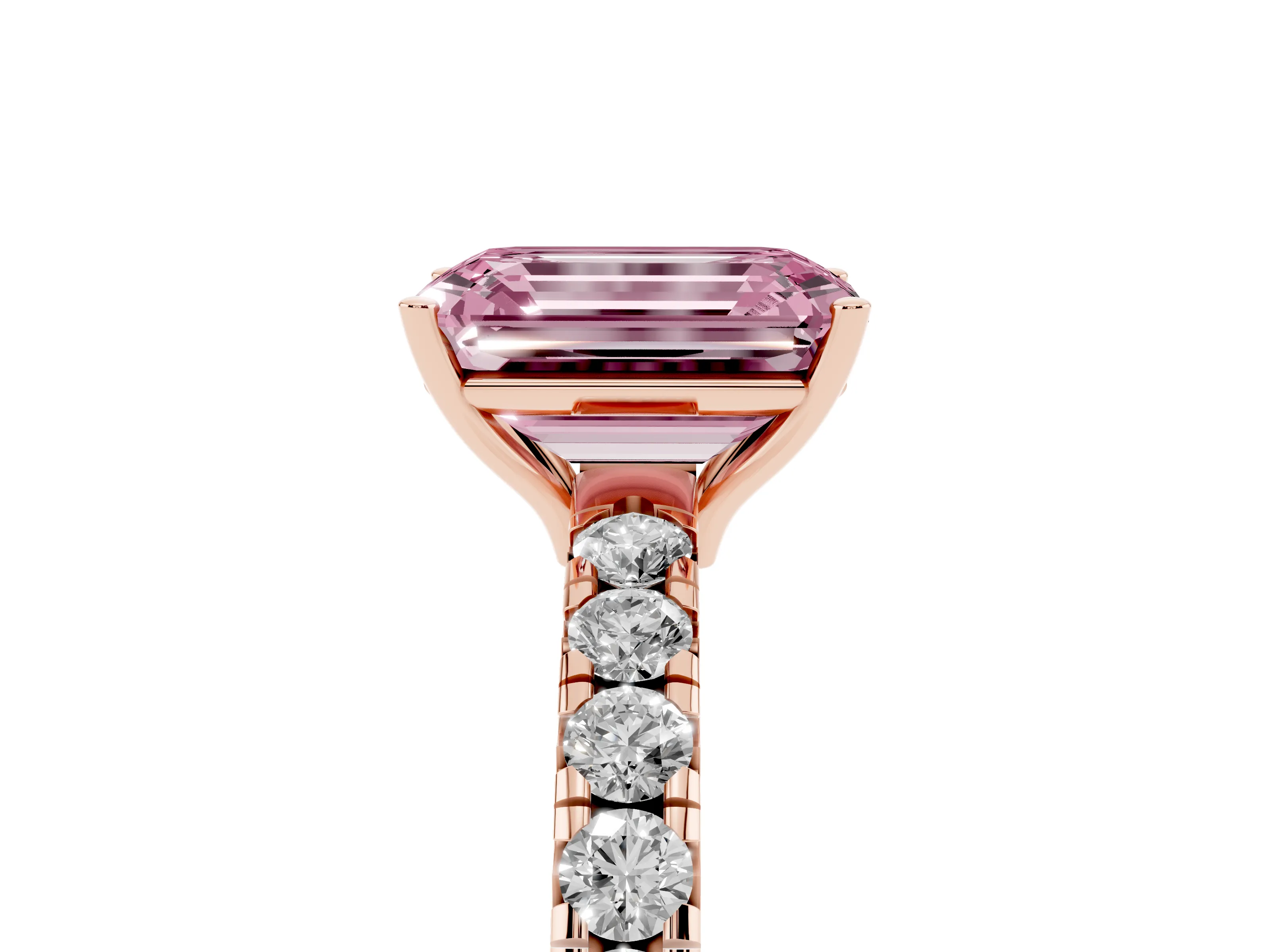 Fancy Pink Emerald Cut Diamond Pavé Solitaire Engagement Ring Set in Rose gold with Prong Setting