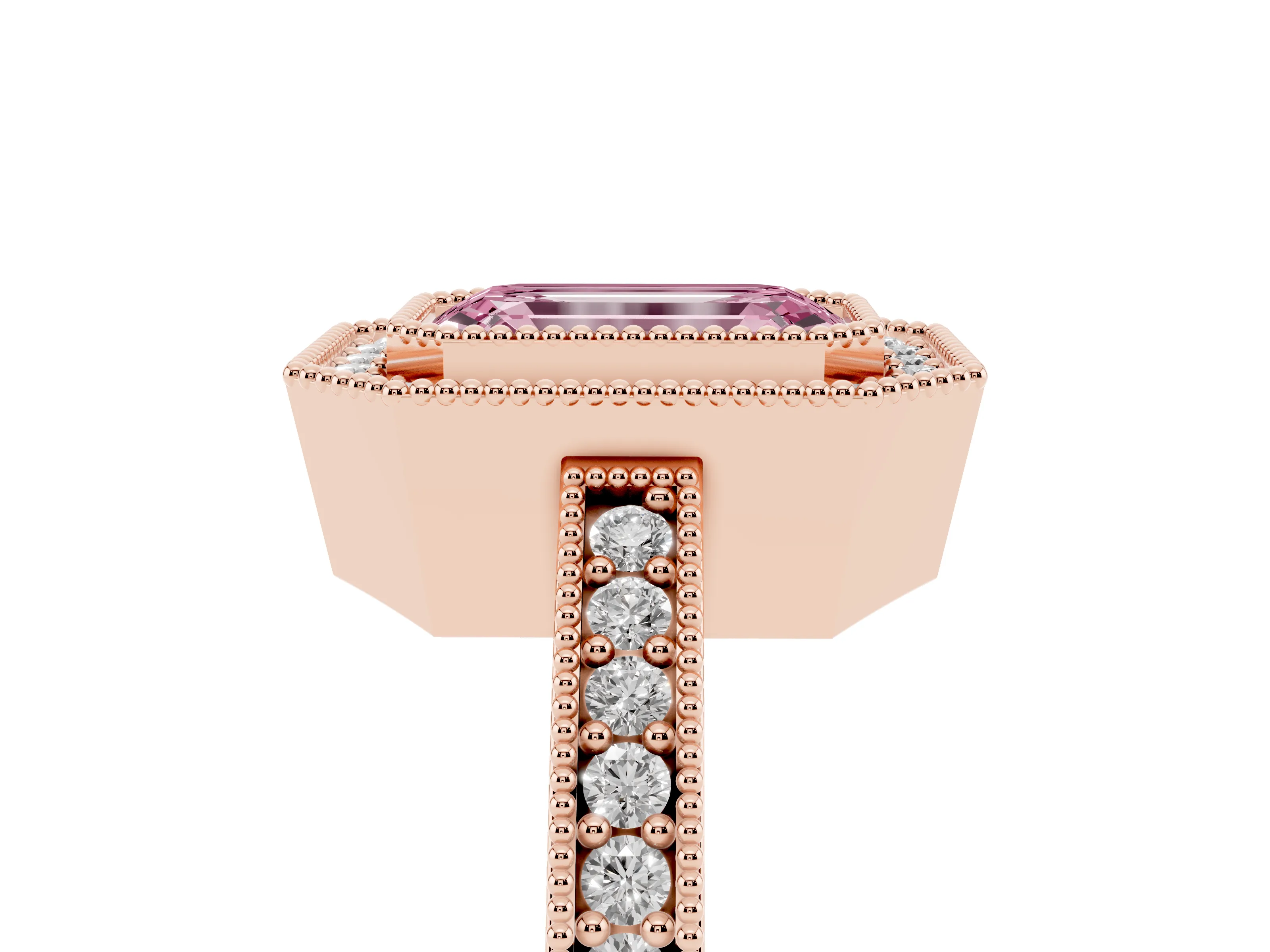Fancy Pink Emerald Cut Diamond Halo Engagement Ring Set in Rose gold with Pavé Band and Round Halo Stones